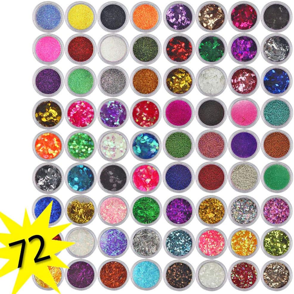 DDIGEjin Nail Powder,72 Colors Acrylic Nail Art Tips Design Powder Dust, Glitter Nail SequinsColorful Mixed Festival Glitter Cosmetic Face Hair Body Glitter 3D Nail Art