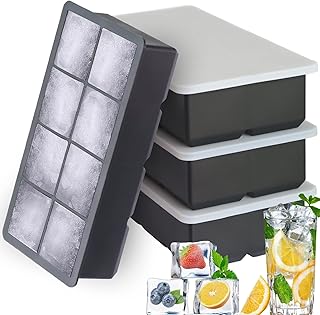 NueZoo Large Ice Cube Tray, 4 Pack Silicone Ice Cube Mold with Lid, 2 Inch Square 8 Big Ice Cube Maker for Freezer, Cocktail Whiskey Wine, BPA Free, Food Grade, Easy-Release– Black