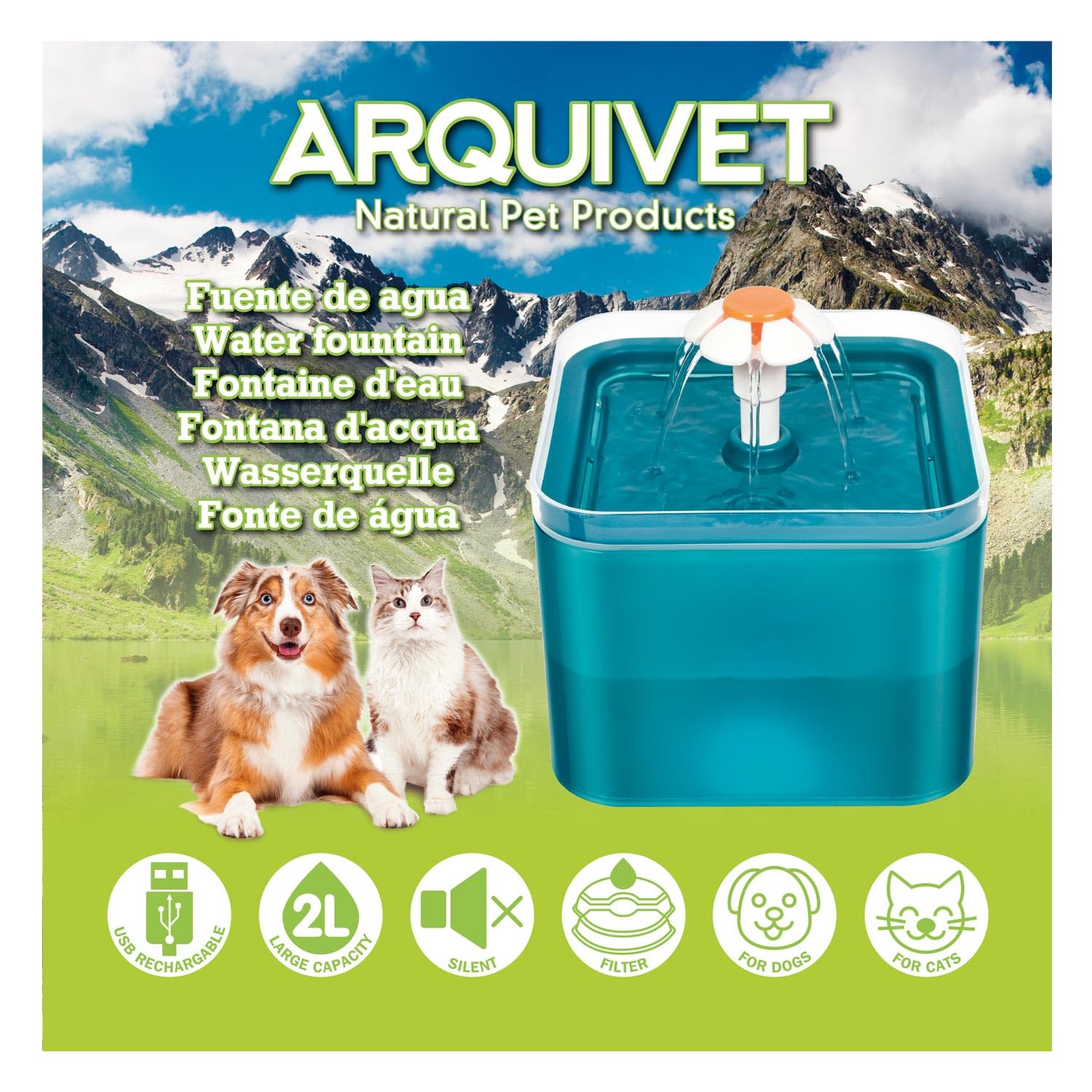 Arquivet - Fuente para Gato y/o Perro, Fuente de Agua, Bebedero Perros y Gatos, Fuente silenciosa