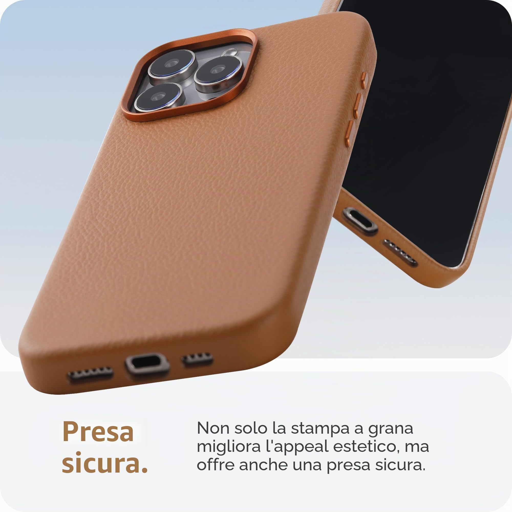 LONLI - per iPhone 15 Pro Max - Custodia europea in vera pelle Pebble con telaio in alluminio per fotocamera [compatibile con Magsafe] - Saddle