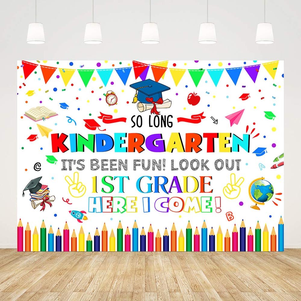 AIBIIN 7x5ft Kindergarten Graduate Backdrop So Long Kindergarten It's Been Fun Look Out 1st Grade Here I Come Photography Background White Congrats
