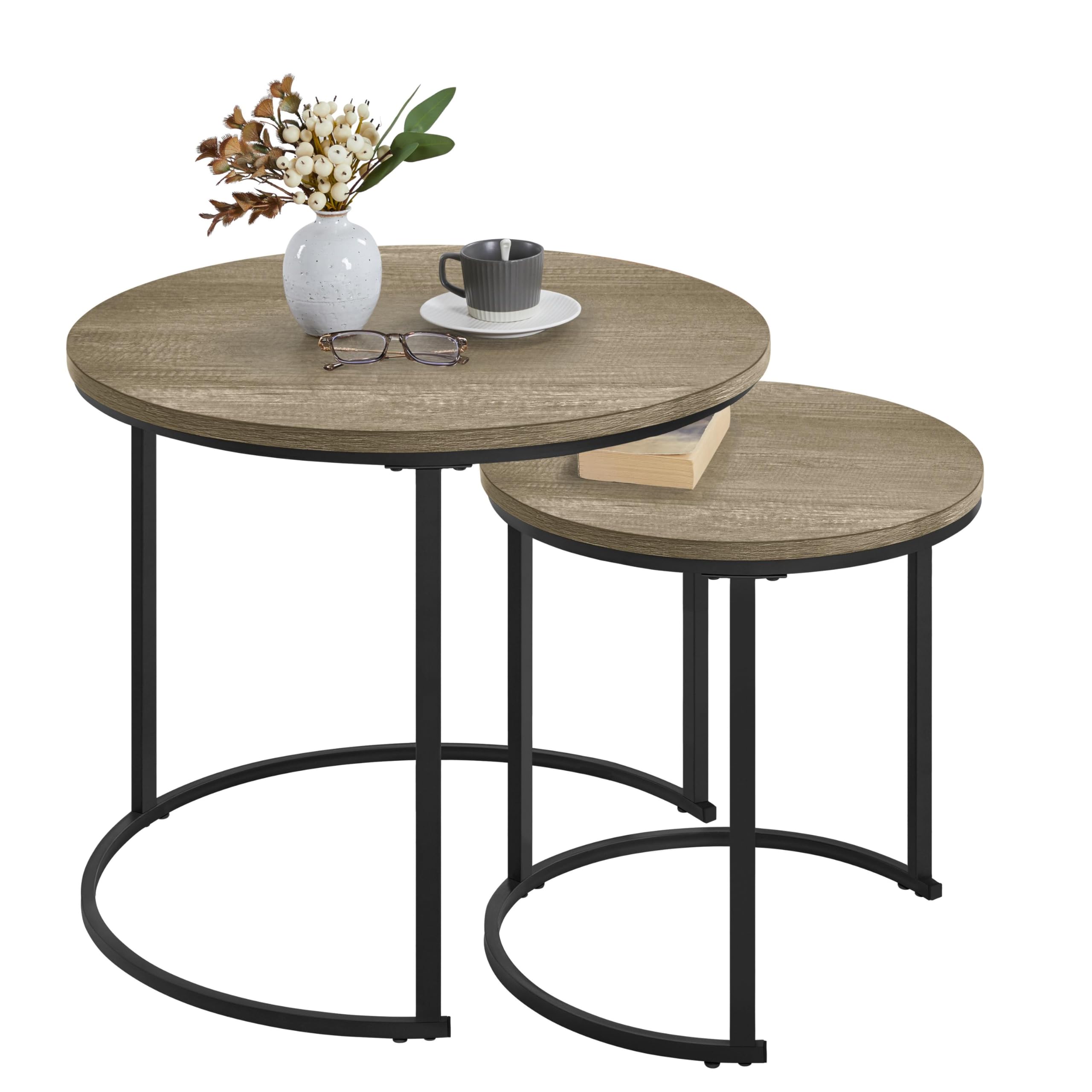 Yaheetech Coffee Table Set of 2, Industrial Round Nesting Coffee Tables for Living Room, End Tables with Wooden Tabletop and Metal Frame for Small