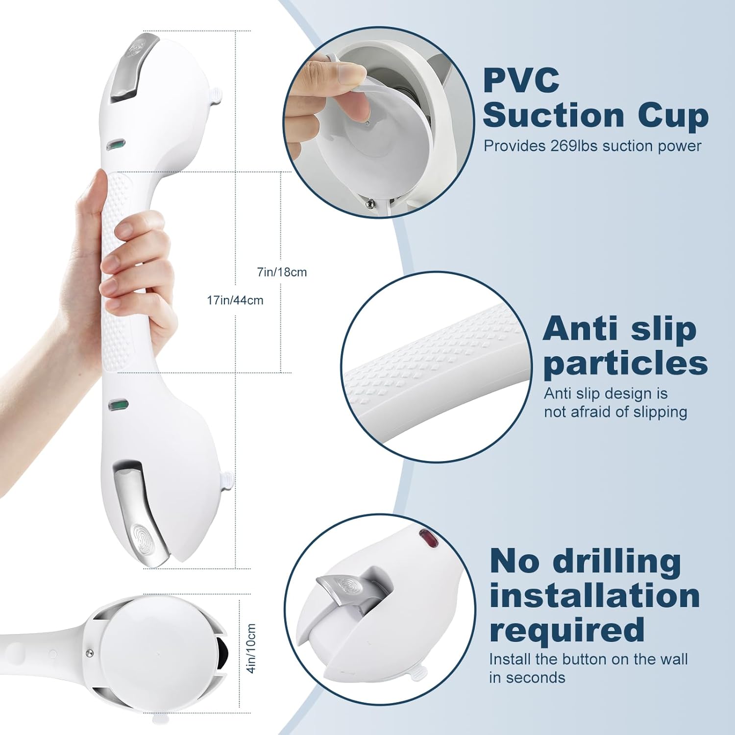 Shower Grab Bar 2 PCS Suction Grab Bars for Bathtubs and Showers, Shower Handle Removable Shower Handrails for Kids, Bathroom Safety Grip Waterproof(Silver)