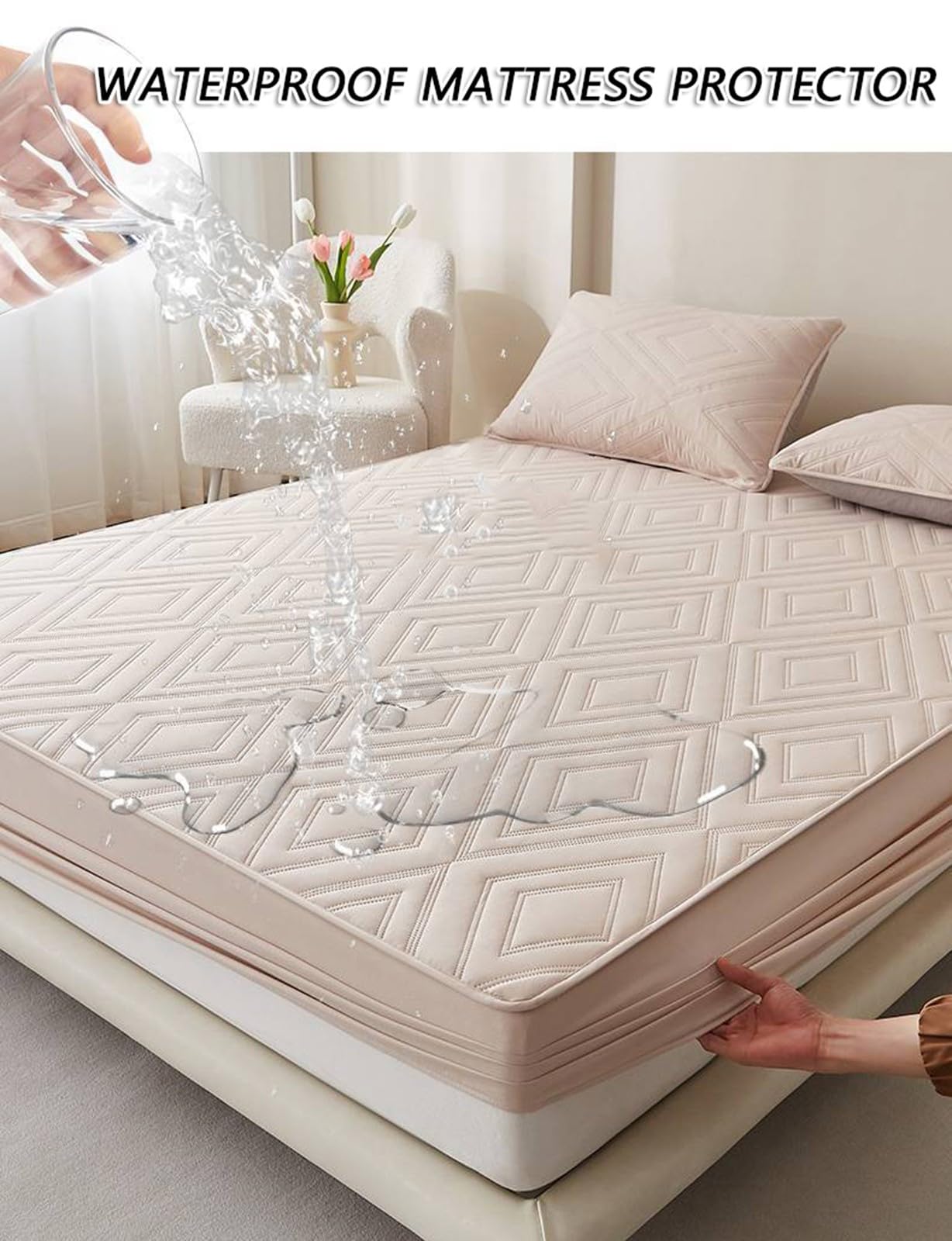 Gestepptes Wasserdichtes Spannbettlaken 3-Teiliges Set,Matratzenschoner mit 2 Kissenbezügen,Matratzenschoner Hypoallergen Atmungsaktiv,Pflegeleicht und Maschinenwaschbar(Khaki,120x200cm)