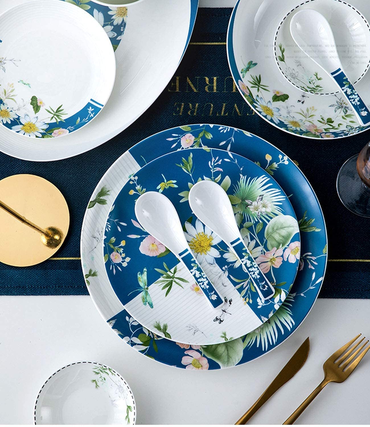 H3TF5J Zestaw stołowy China China, 56-częściowe luksusowe zastawa stołowa, 10-osobowa ceramiczna zastawa stołowa, zastawa stołowa kompatybilna z piekarnikiem mikrofalowym, zastawa stołowa ślubna
