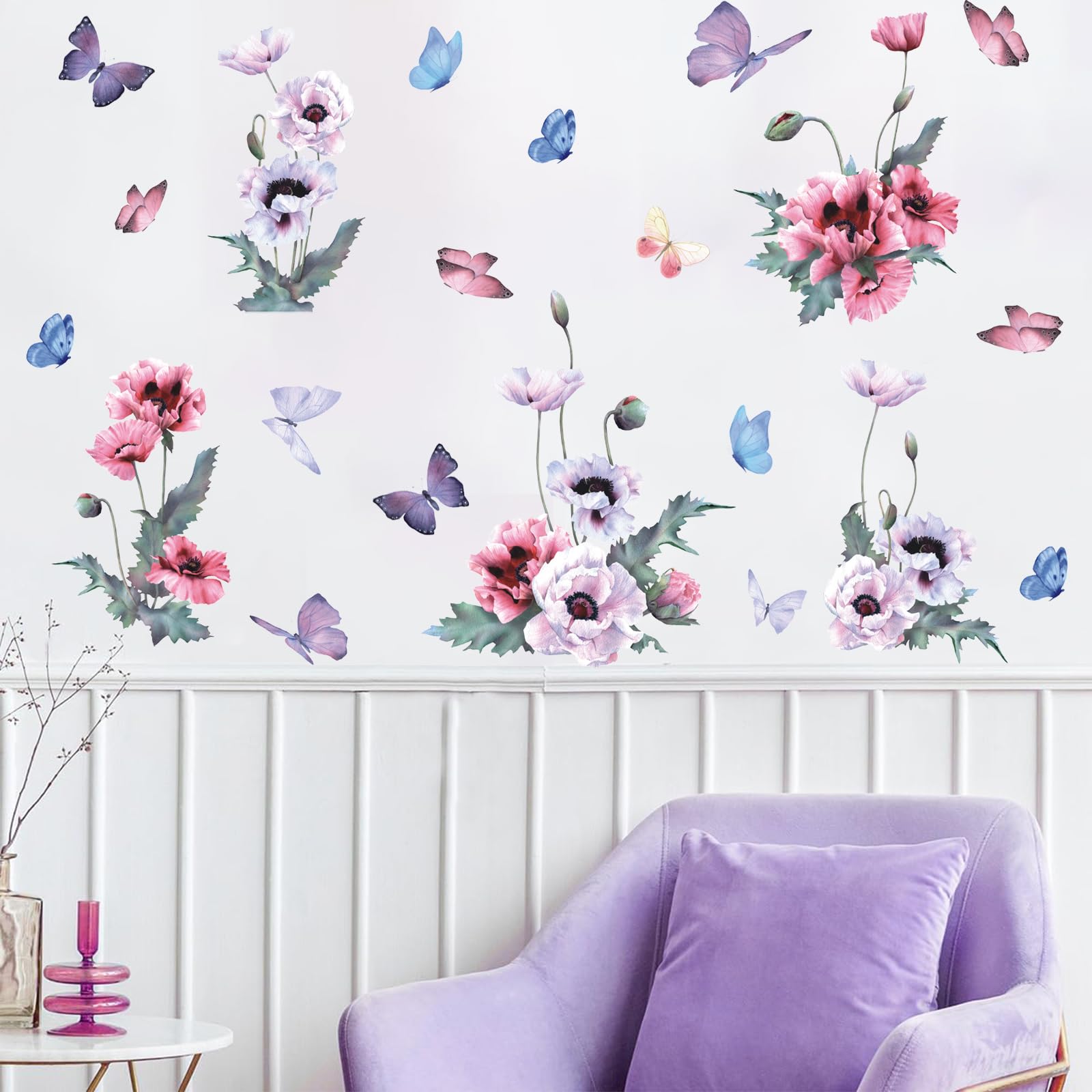 ANHUIB Flower Wall Stickers Butterfly Wall Decal Garden Flowers Wall Decals Stickers Colorful Wildflower Butterflies Plants Decals for Bedrooms Living Room Nursery Home Office Sofa Decorations - Image 4