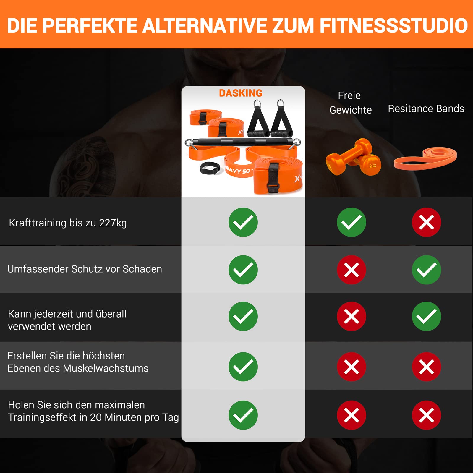 Sprzęt fitness DASKING do domu, zestaw Home Gym Band Bar Set, z opaskami poziomu 4, odłączany drążek do ćwiczeń (maksymalna nośność 227kg), 98CM (czarny)