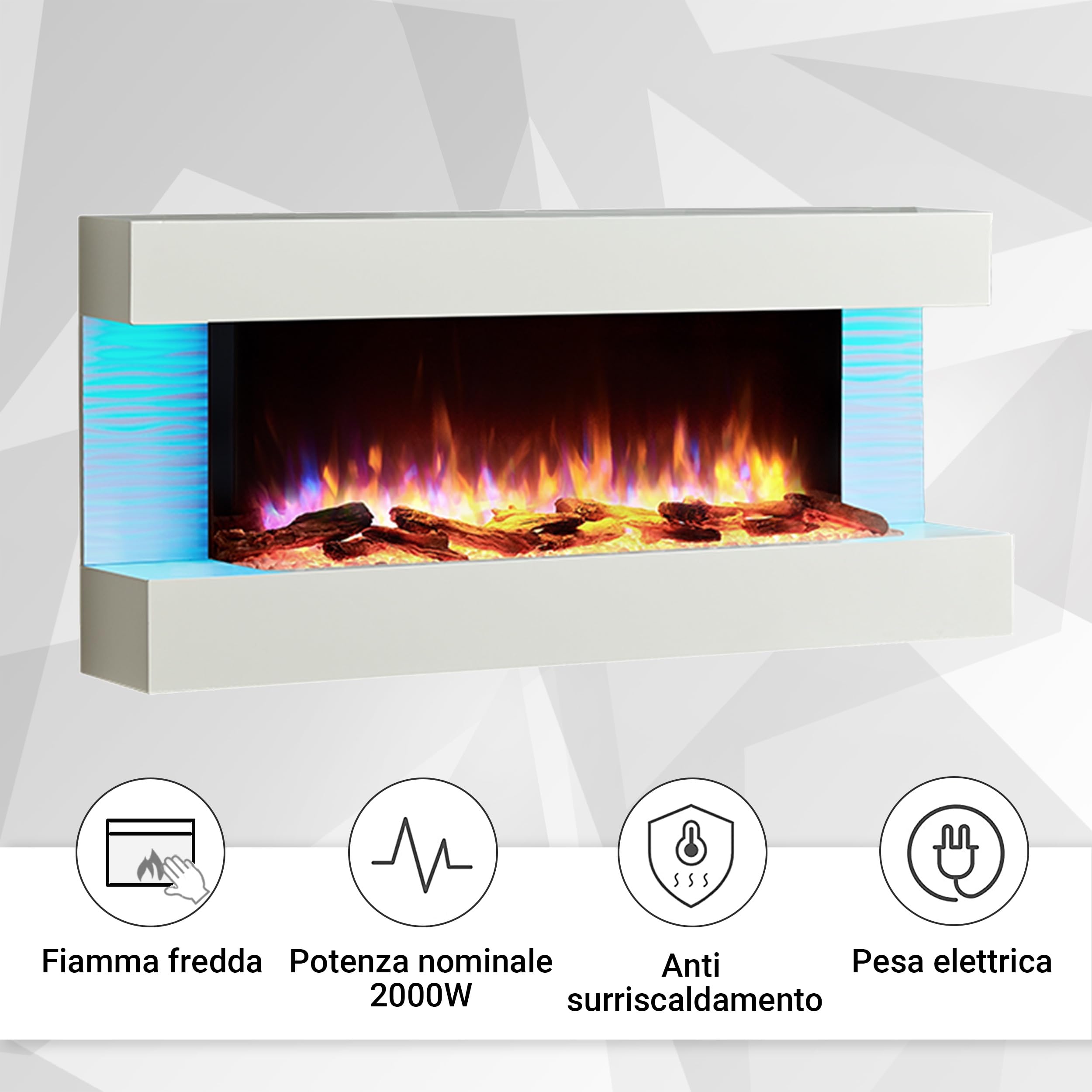 BALDERIA Camino Elettrico Helia | Caminetto da Parete con Effetto Fiamma 3D | Riscaldamento 2000 W | Focolare Sospeso con Telecomando, Timer, Termostato | Bianco