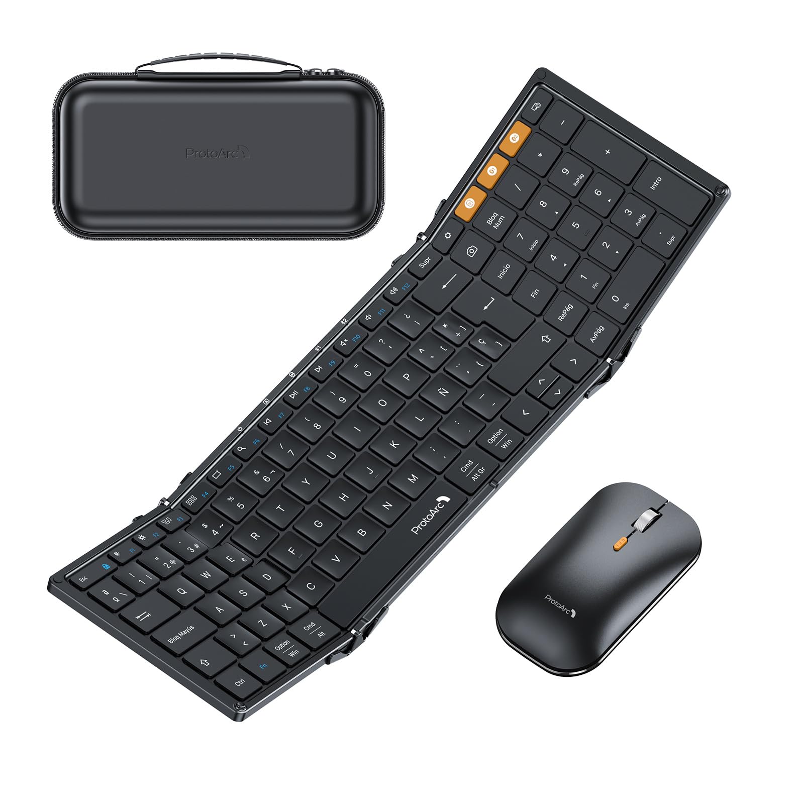 ProtoArc Teclado Plegable y Raton Bluetooth, XKM01 Teclado Español Inalámbrico (2.4G+2*Bluetooth), Teclado Portatil de Tamaño Completo para Android Windows iOS Mac Tablet PC Certificado ClimatePartner
