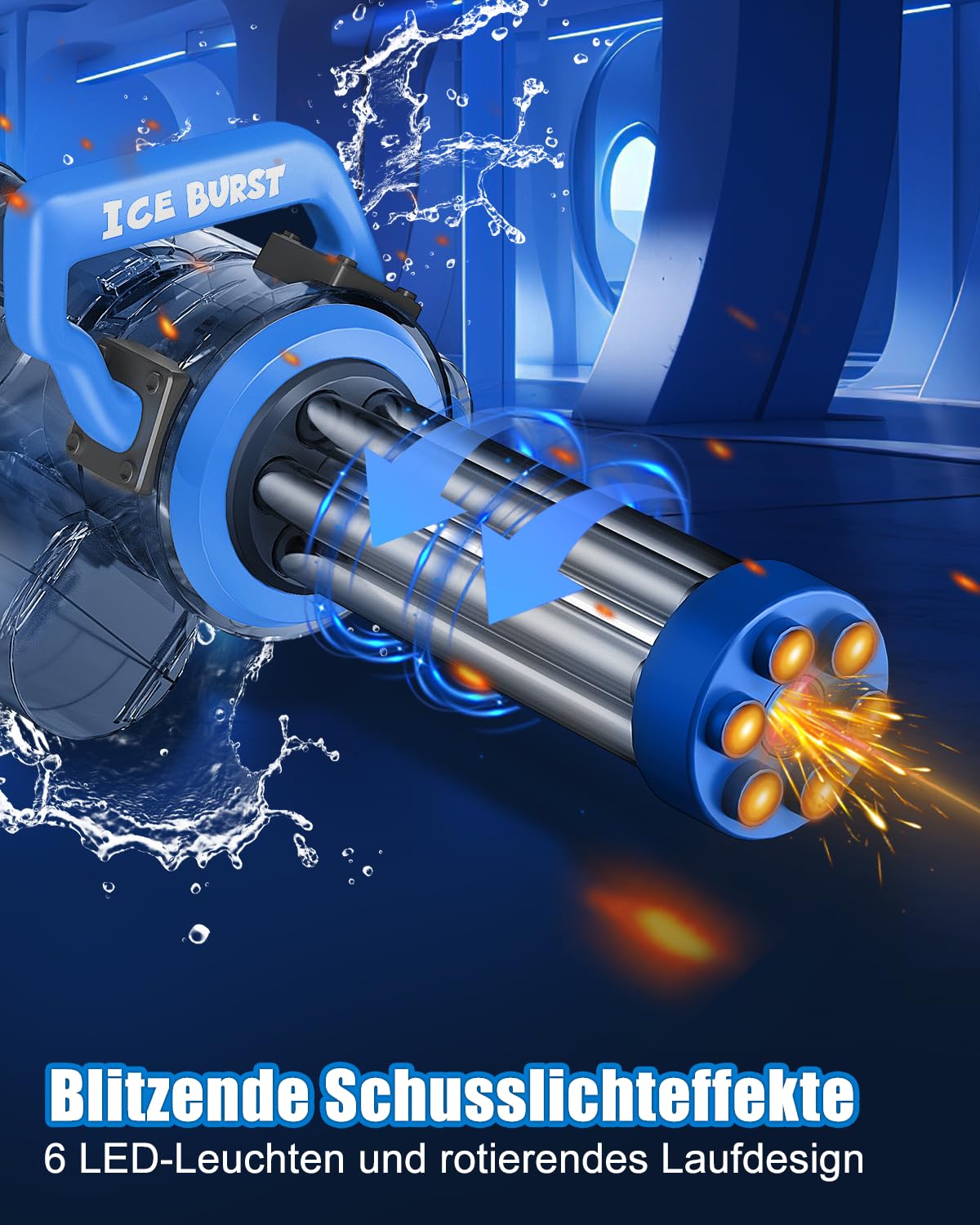 Gatling Elektrische Wasserpistole, Hochleistungs-Automatik-Wasserpistole mit großem Rucksackvolumen, Reichweite bis zu 8, beeindruckende Mündungsfeuer-Effekte für Erwachsene und Kinder (Blau)