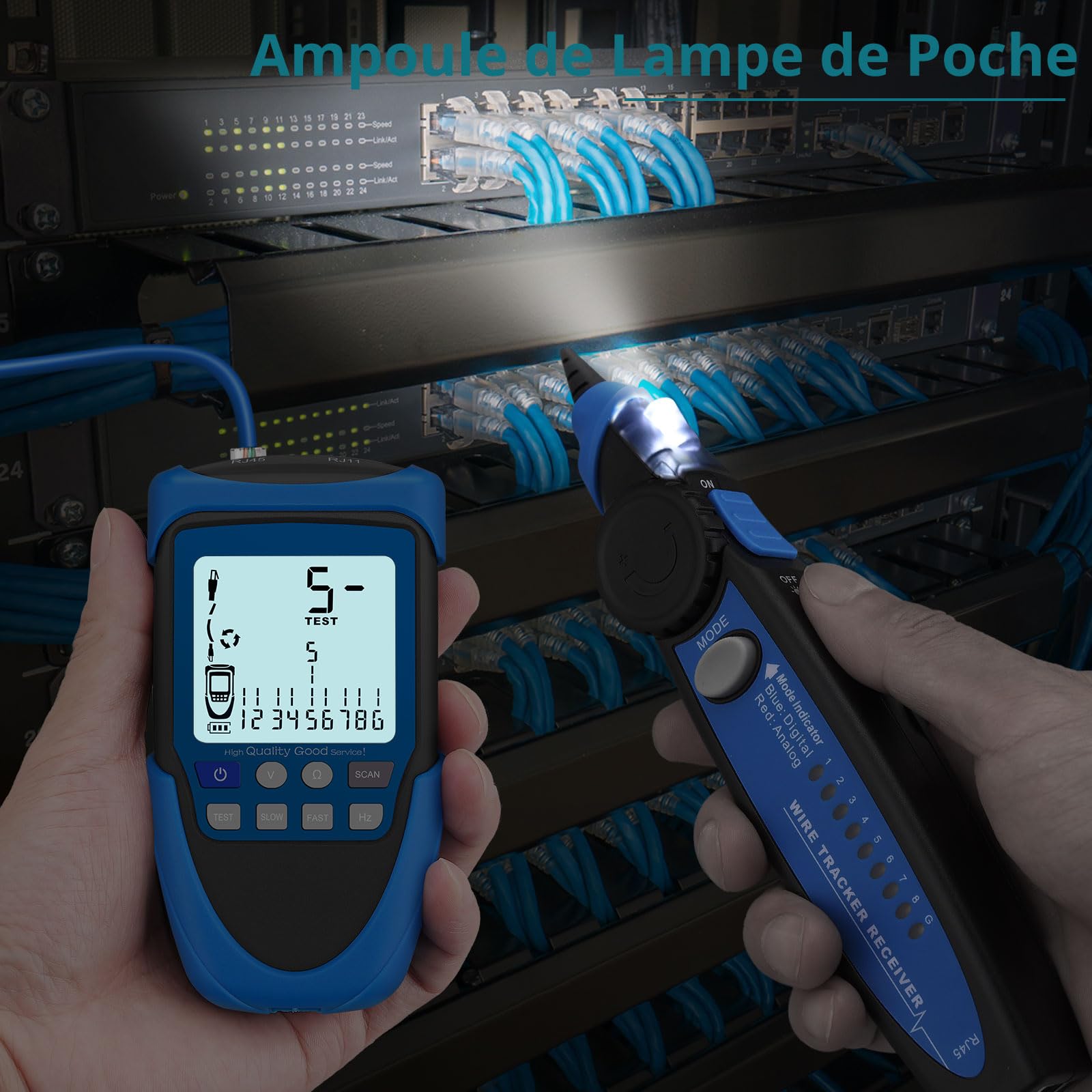 Testeur de Câble Réseau RJ45 Testeur de Câble Réseau à Deux Modes avec Fonction PoE Testeur de Ligne Ethernet avec Écran LCD et Sac de Rangement Traqueur de Fil Multifonction