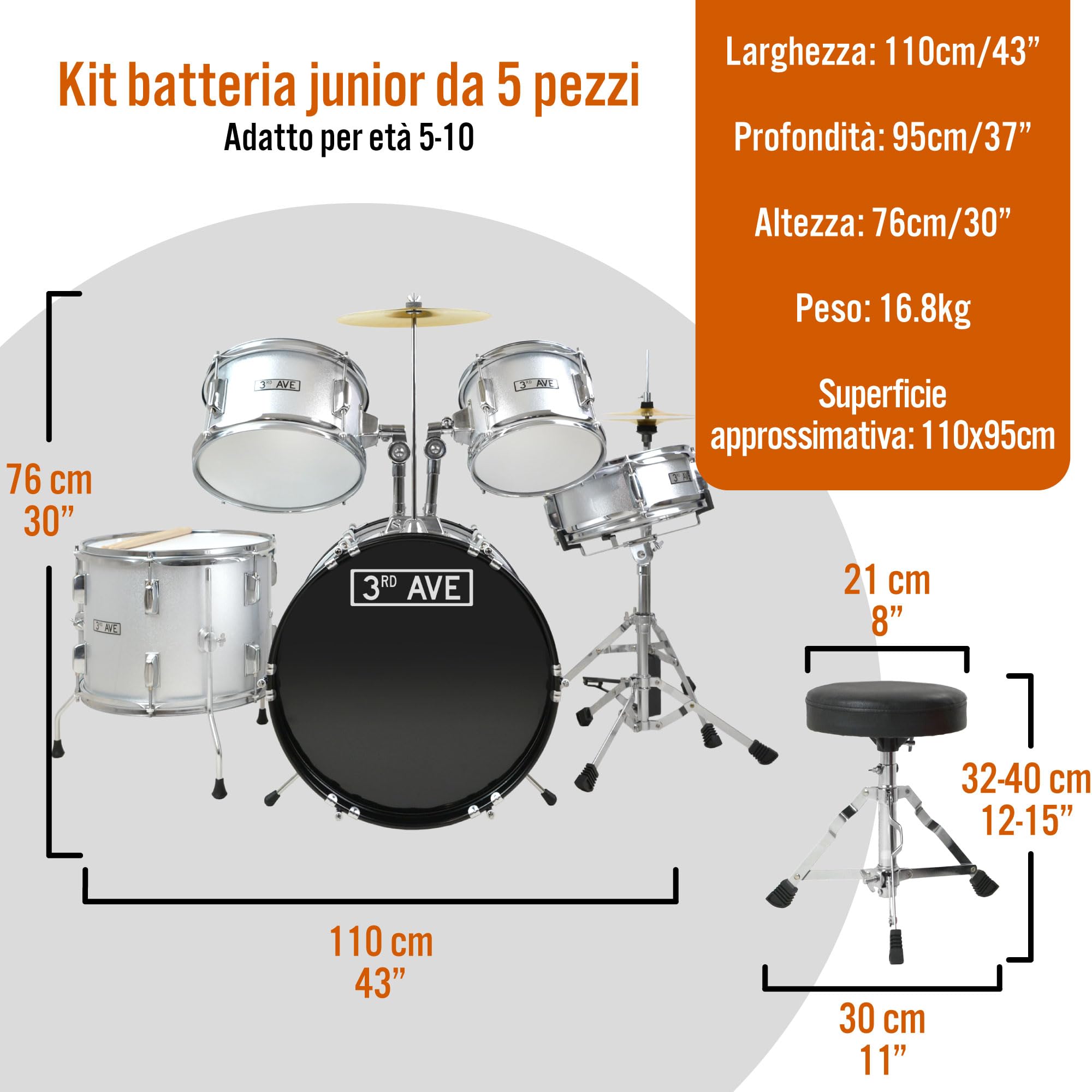 3rd Avenue Junior Batteria per Principianti per Bambini, Set di Batteria da 5 Pezzi con Piatti, Sgabello E Bacchette in Argento - Lezioni Gratuite per 6 Mesi