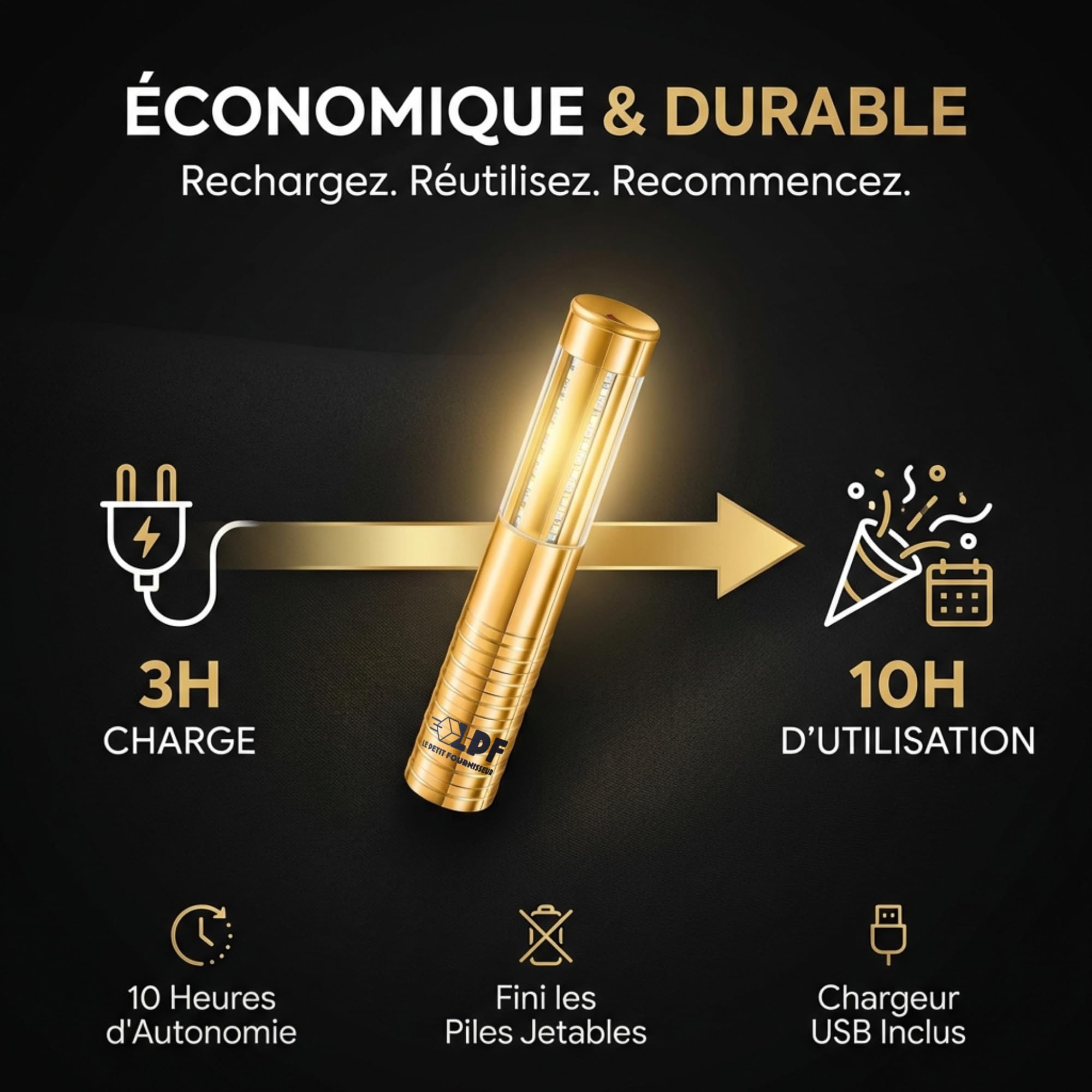 LPF LE PETIT FOURNISSEUR - Lot de 10 Bâtons LED Lumineux Bouteille Rechargeable – 3 Modes d’Éclairage (Strob, Intense, Ambiance) – Alternative Fontaine Scintillante – Aluminium Anti-Choc - Doré