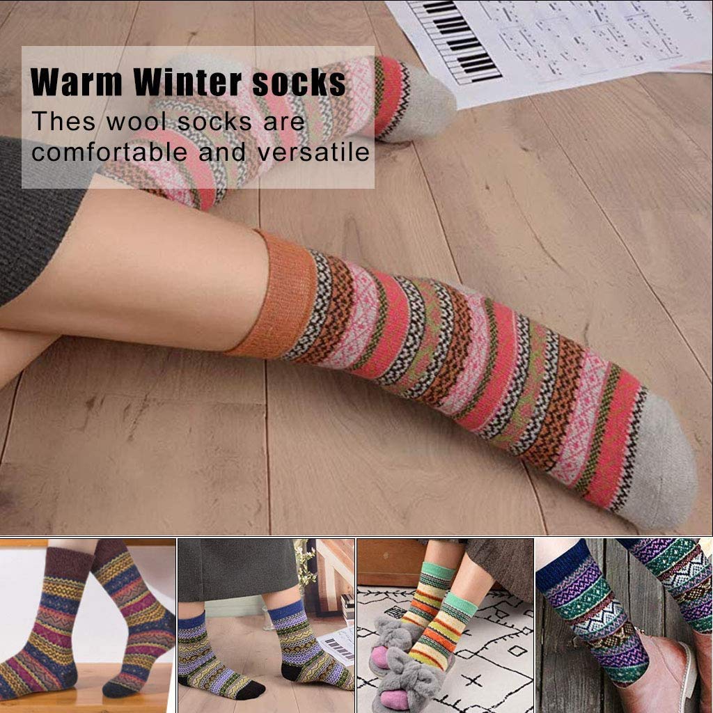 Justay 5paires Chaussettes Femme en Laine Mérinos Chaude Douce pour Hiver, Chaussette Épaisse Unisexe Multicolore (Vert, brun, bleu, orange, blanc cassé)