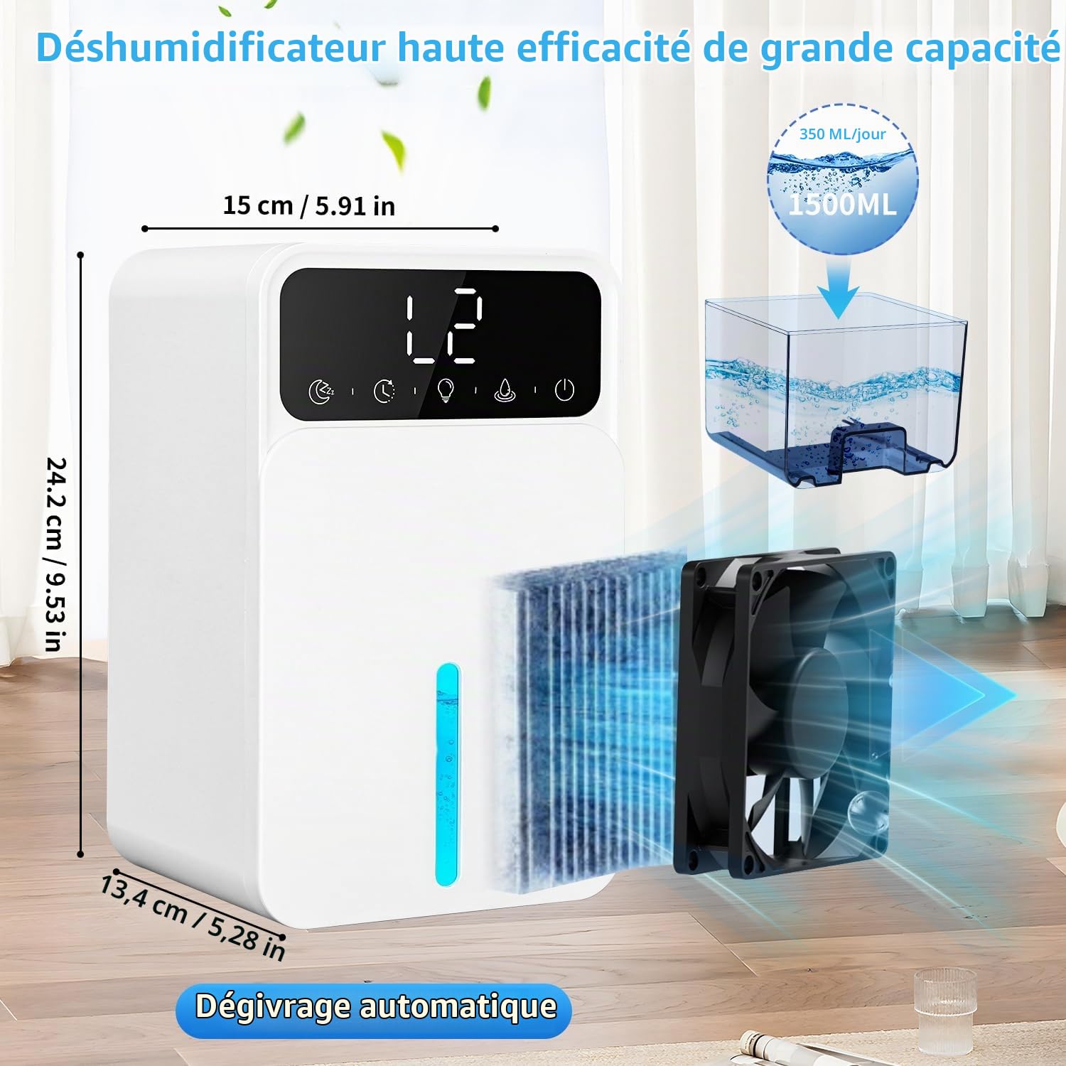 Déshumidificateur Electrique Dégivrage Automatique, 1500ML