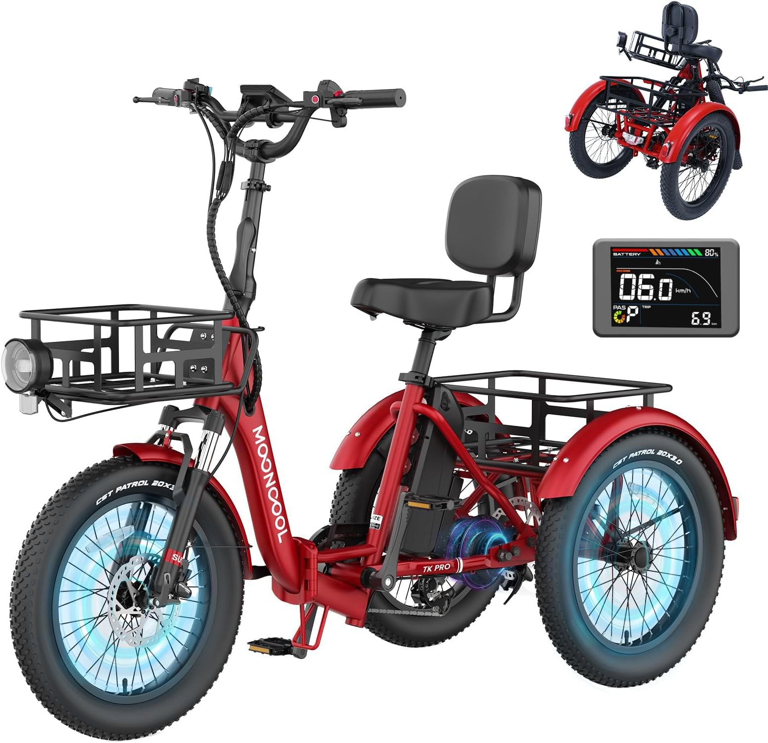 MOONCOOL Electric Tricycle for Adults, 500W/750W 48V 20" Folding Electric Trike Peak Power 1100W, 3 Wheels Electric Bicycle, Aluminum Frame Electric Tricycle with Large Basket and Removable Battery