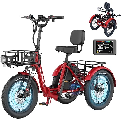 MOONCOOL Electric Tricycle for Adults, 500W/750W 48V 20" Folding Electric Trike Peak Power 1100W, 3 Wheels Electric Bicycle, Aluminum Frame Electric Tricycle with Large Basket and Removable Battery