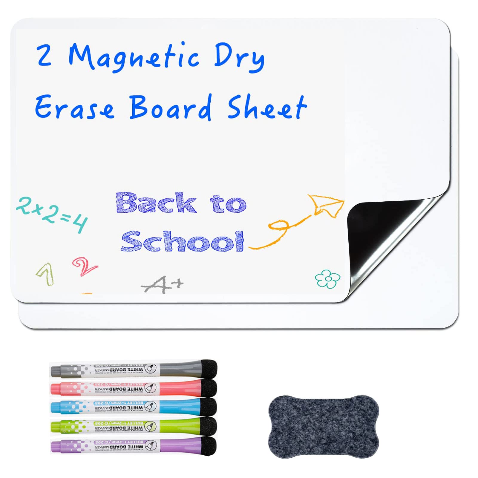 Magnetic Dry Erase Whiteboard,Magnetic Dry Erase Board Sheet with 5 Dry Erase Marker and 1 Eraser, Magnetic Whiteboard for Fridge, Magnetic Dry Erase Board(2PCS，29.7 * 21cm)