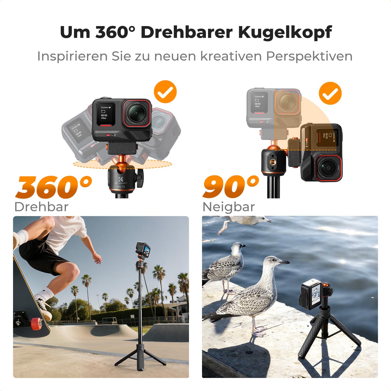 K&F CONCEPT Magnetisches Schnellwechsel-Stativ für Insta360 Ace Pro 2, 66cm Selfie Stick MIni Stativ mit Ein-Klick-Ausklappfunktion, Verlängerungsstange mit 360°-Kugelkopf, Tischstativ für Insta360 X5