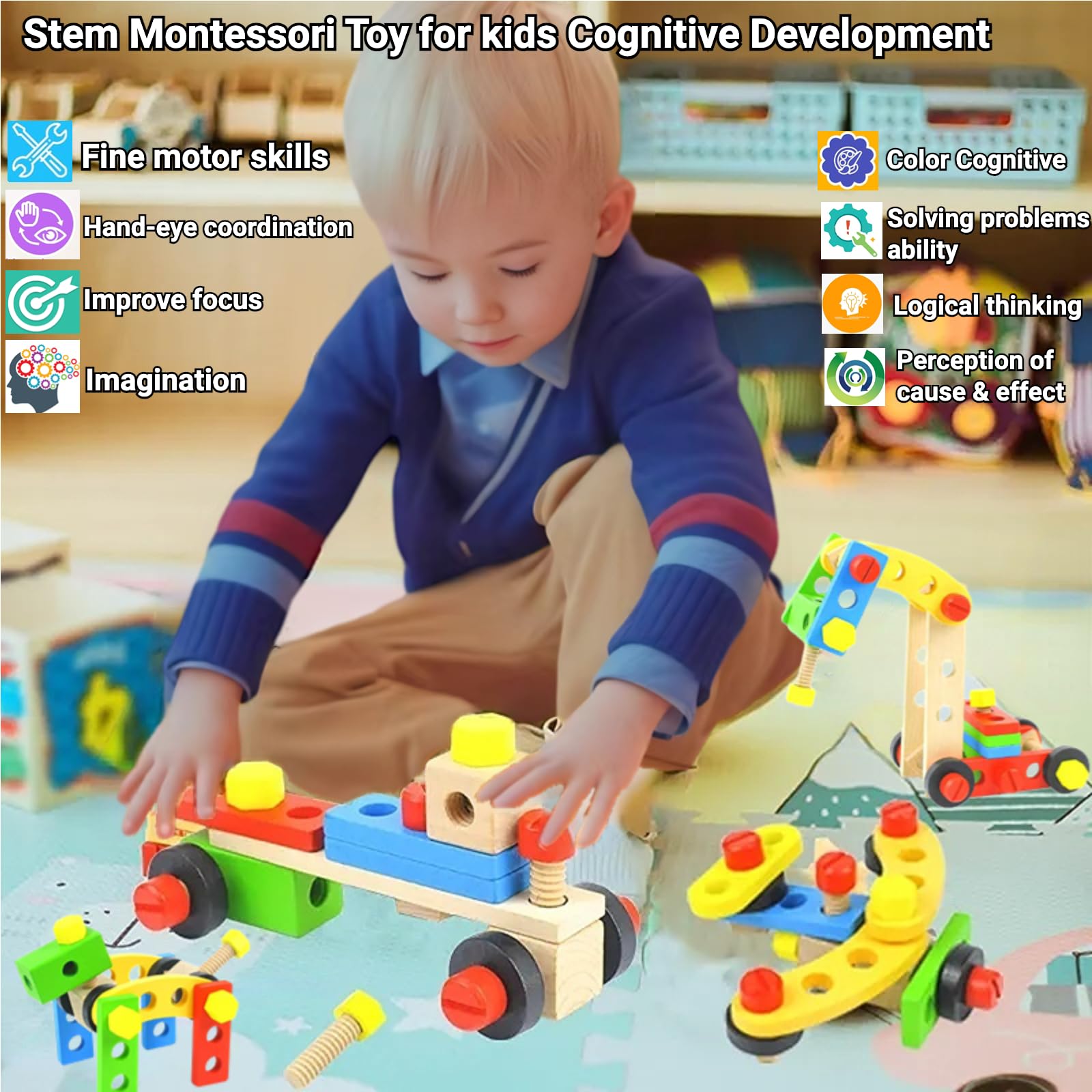 Werkzeugkoffer für Kinder mit 69-teiligem Holzwerkzeugsatz, Montessori-Spielzeug für Kleinkinder im Alter von 3, 4, 5, 6 und 7 Jahren, frühes Lernen, Kreation, Werkbank, Bauen mit Stems, Konstruktion
