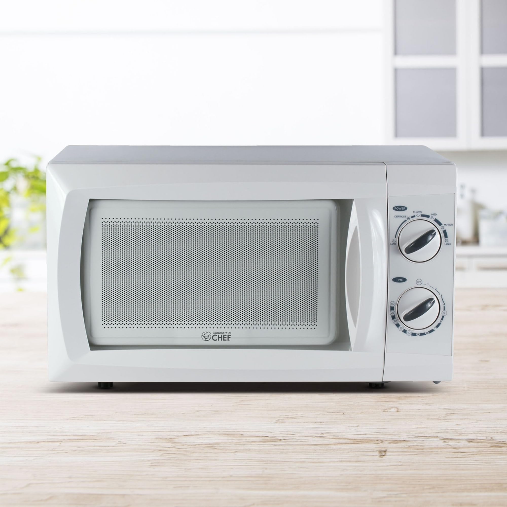 COMMERCIAL CHEF 0.6 Cubic Foot Microwave with 6 Power Levels, Small Microwave with Push Button Door, 700W Countertop with 30 Minute Timer and Mechanical Dial Controls, White