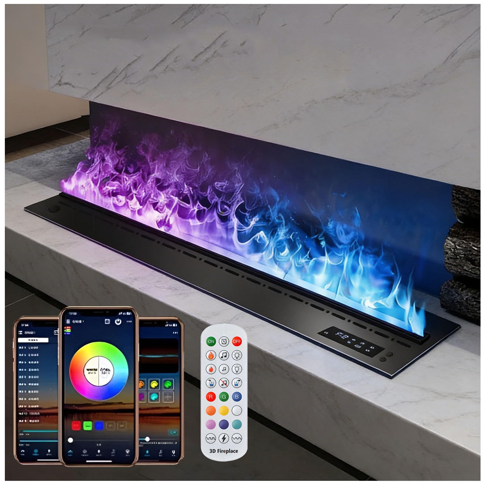 Kominek Elektryczny 3D z Parą Wodną, Wielokolorowy Płomień, Nawilżacz Powietrza, Nowoczesny Kominek Dekoracyjny do Domu i Hotelu InfiniteColors-120x24x18cm/47.2x9.4x7in