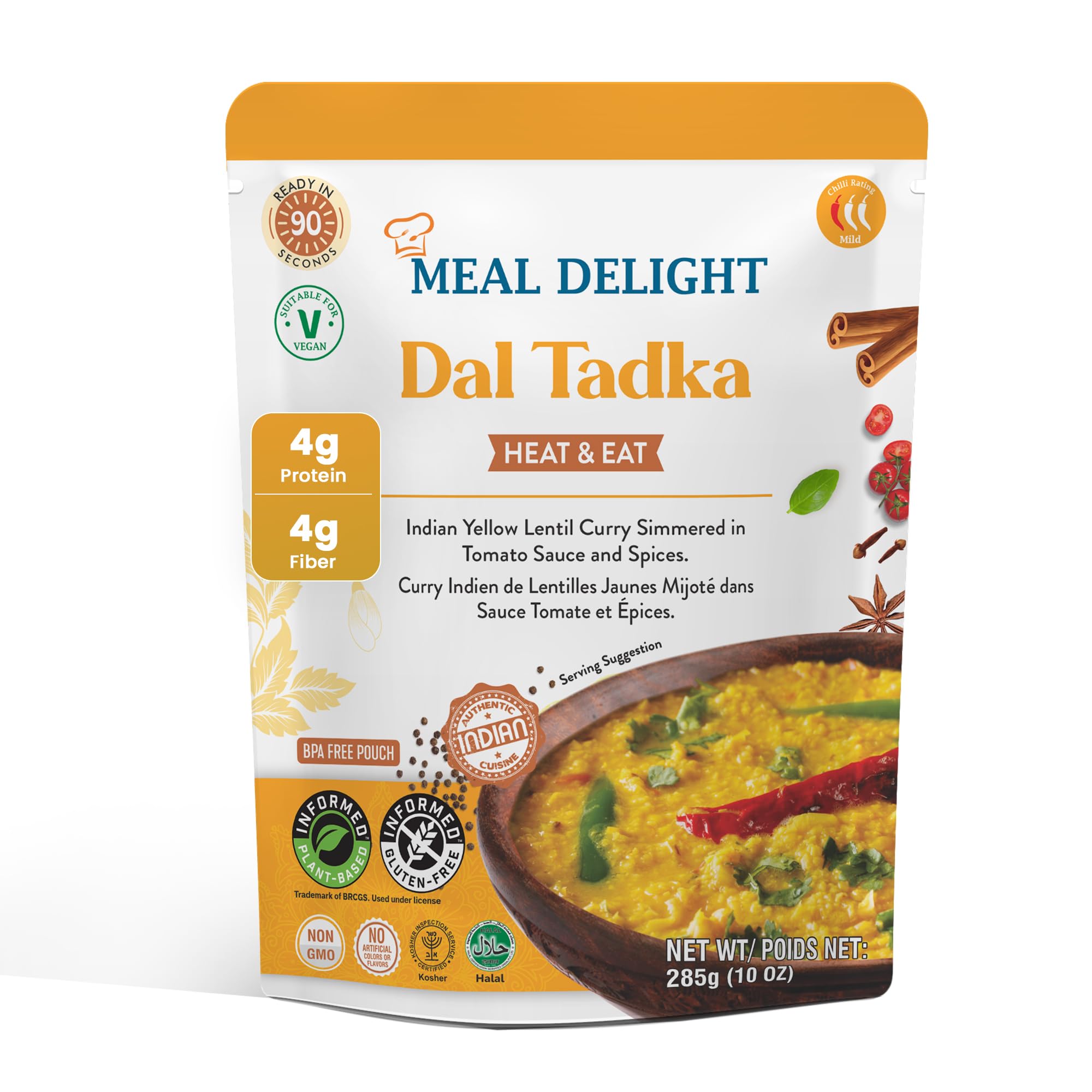 Meal Delight Jaipur Tempered Lentils, Indian Ready to Eat Lentil Curry, 12g Protein & 12g Fiber per Pouch, Plant-Based Gluten-Free, No Preservatives, Halal & Kosher Certified, Ready in 1.5 Minutes, Shelf-Stable Pouch, 10 oz Pack of 3