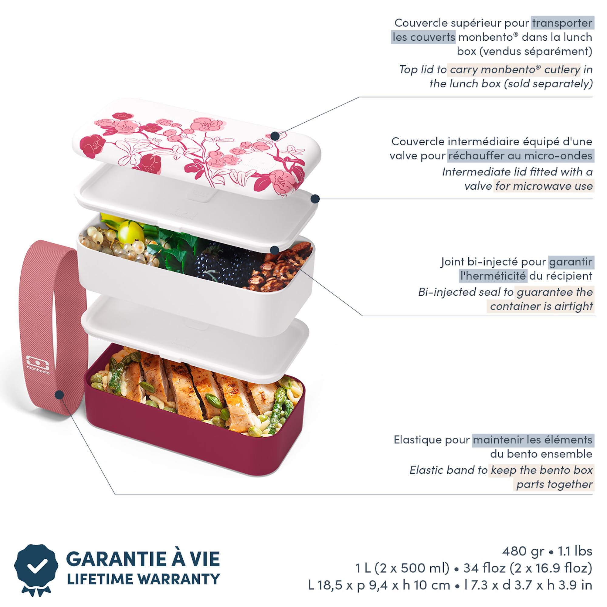 monbento - Bento box MB Original Magnolia - Boîte Repas à Compartiments - Lunch box Hermétique 2 étages - Idéal pour Travail/Ecole - Sans BPA - Durable et Sûr - Made In France - Rose à fleurs