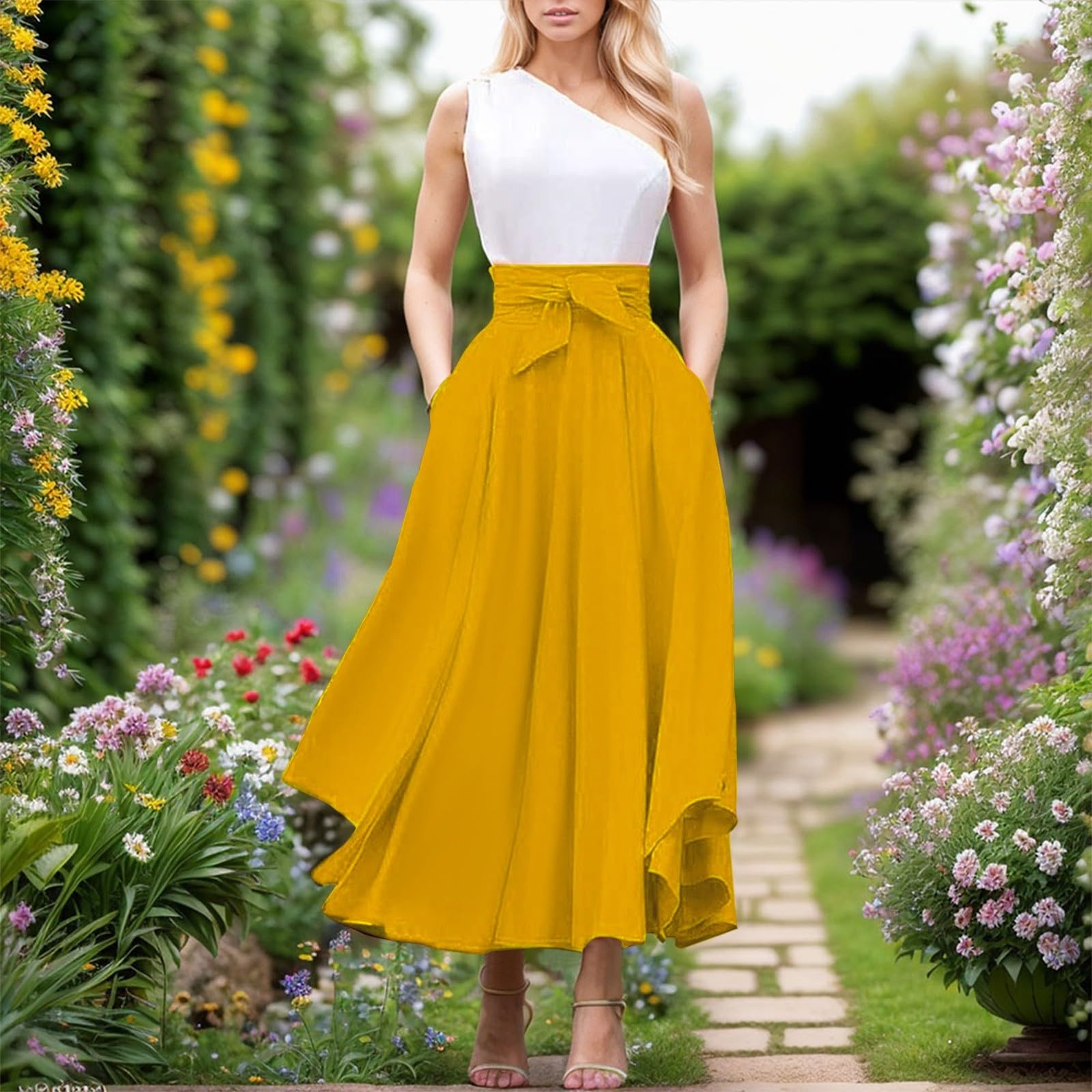 2026 Elegante falda de cintura alta para mujer, falda maxi bohemia casual con bolsillos, dobladillo asimétrico