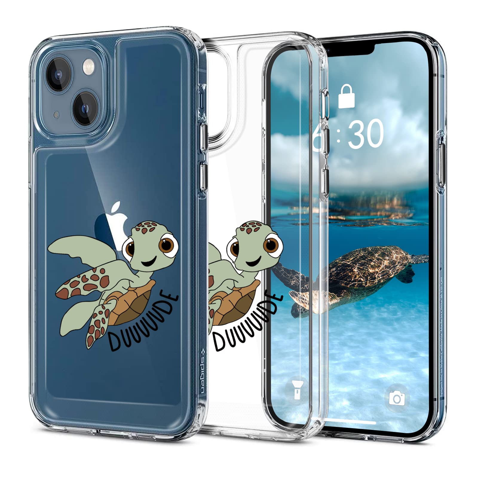 Case Compatible with iPhone 13 6.1-Inch Shockproof Phone Bumper Cover, Anti-Scratch Clear Back,Unique, Vogue, Lovely Happy Turtle Print Clear Phone Case for iPhone 13(HD Clear Case)