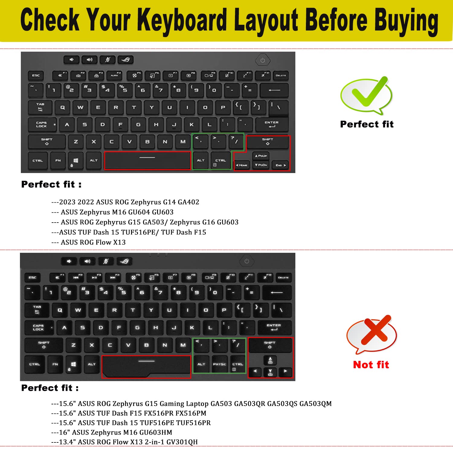 2 Pack Keyboard Cover for ASUS ROG Zephyrus G14 G15 GA402 G402RJ GA503 GA503 GA503QR/QS/QM, ROG Zephyrus M16 GU603HM, TUF Dash F15 FX516PR FX516PM TUF516PE TUF516PR, ASUS ROG Flow X13 GV301QH