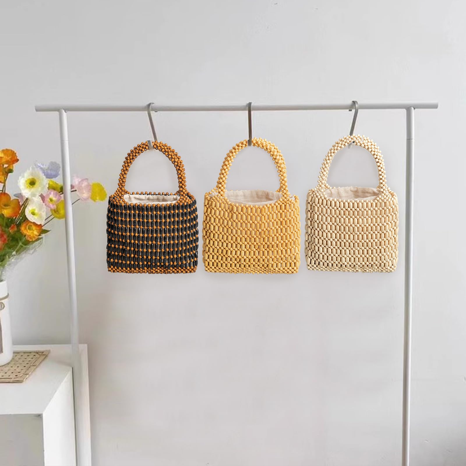 CORIOS Ręcznie Tkana Torba na Ramię dla Kobiet - Boho Kopertówka, Letnia Torba Plażowa, Wiadro ze Sznurkiem, Drewniana z Koralikami, Retro z Górnym Uchwytem
