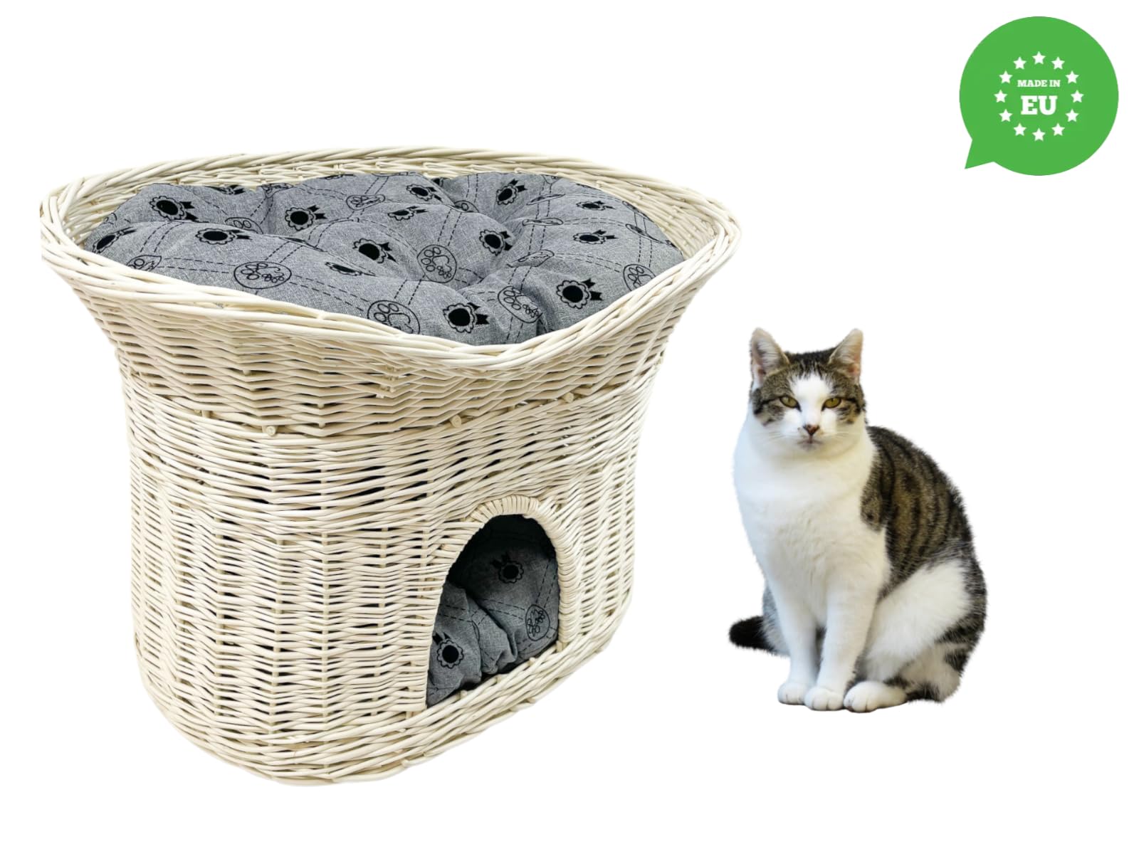Katzenkorb zum Schlafen – Katzenhütte Indoor – Größe L: 60 cm oval – Katzenhöhle aus Weide – Zweistöckiger Hunde – oder Katzenbett mit waschbaren Kissen in Graue – Weiße korbfarbe