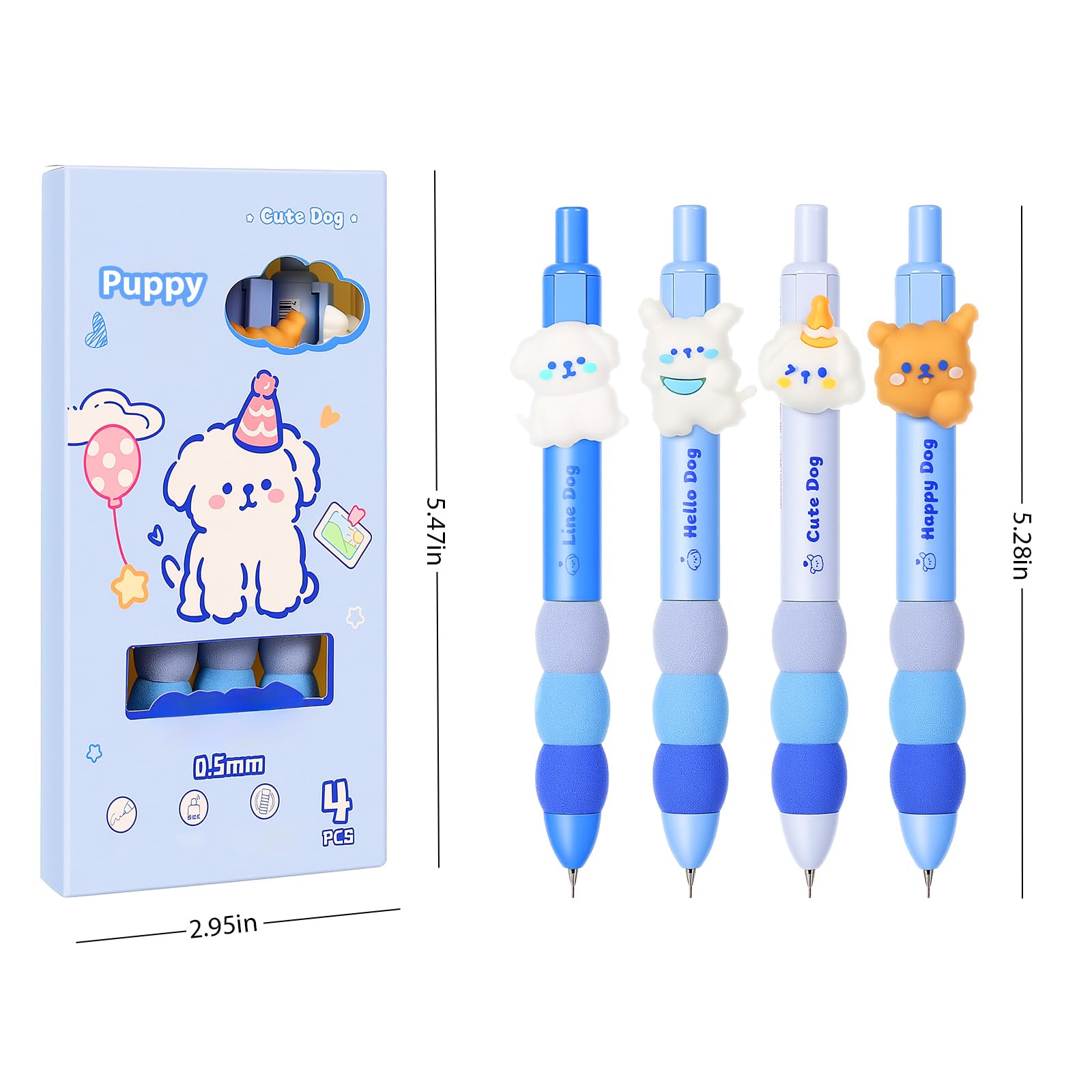 Lot de 4 porte-mines en forme de chien mignon avec gomme de 0,5 mm - Crayons mécaniques kawaii de dessin animé - Cadeau pour femme et homme
