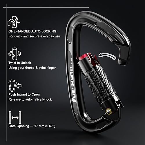 Miniatura 3 de FresKaro Clips de mosquetón de escalada con bloqueo automático de 25 KN con certificación UIAA, bloqueo giratorio y mosquetones resistentes para