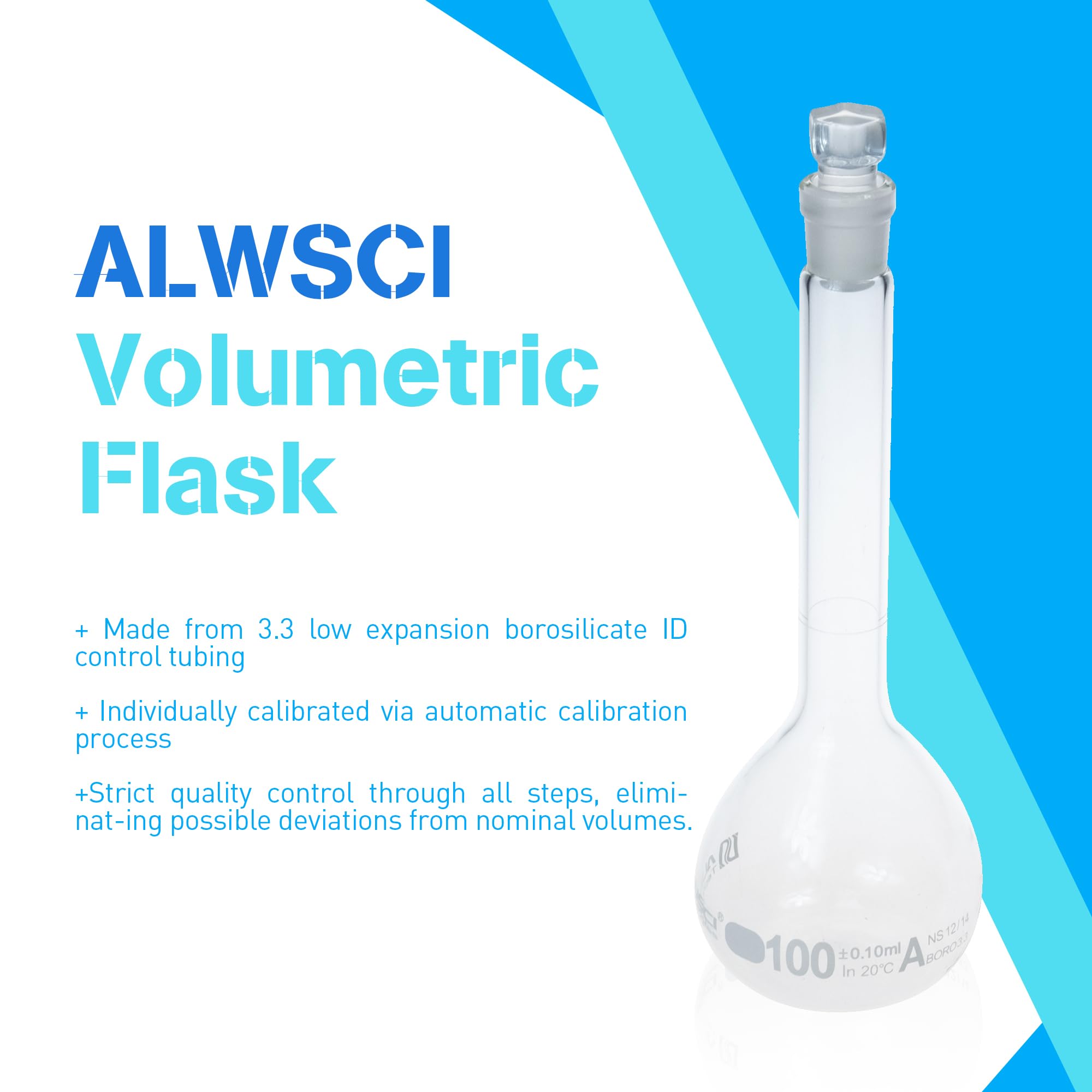 ALWSCI 2 Stück 100mL Volumetrische Kolben, Globusglas mit Glasstopfen, 3.3 Borosilikatglas, Klasse A, weiße Graduierung, Messkolben für Labor Schulprojekt