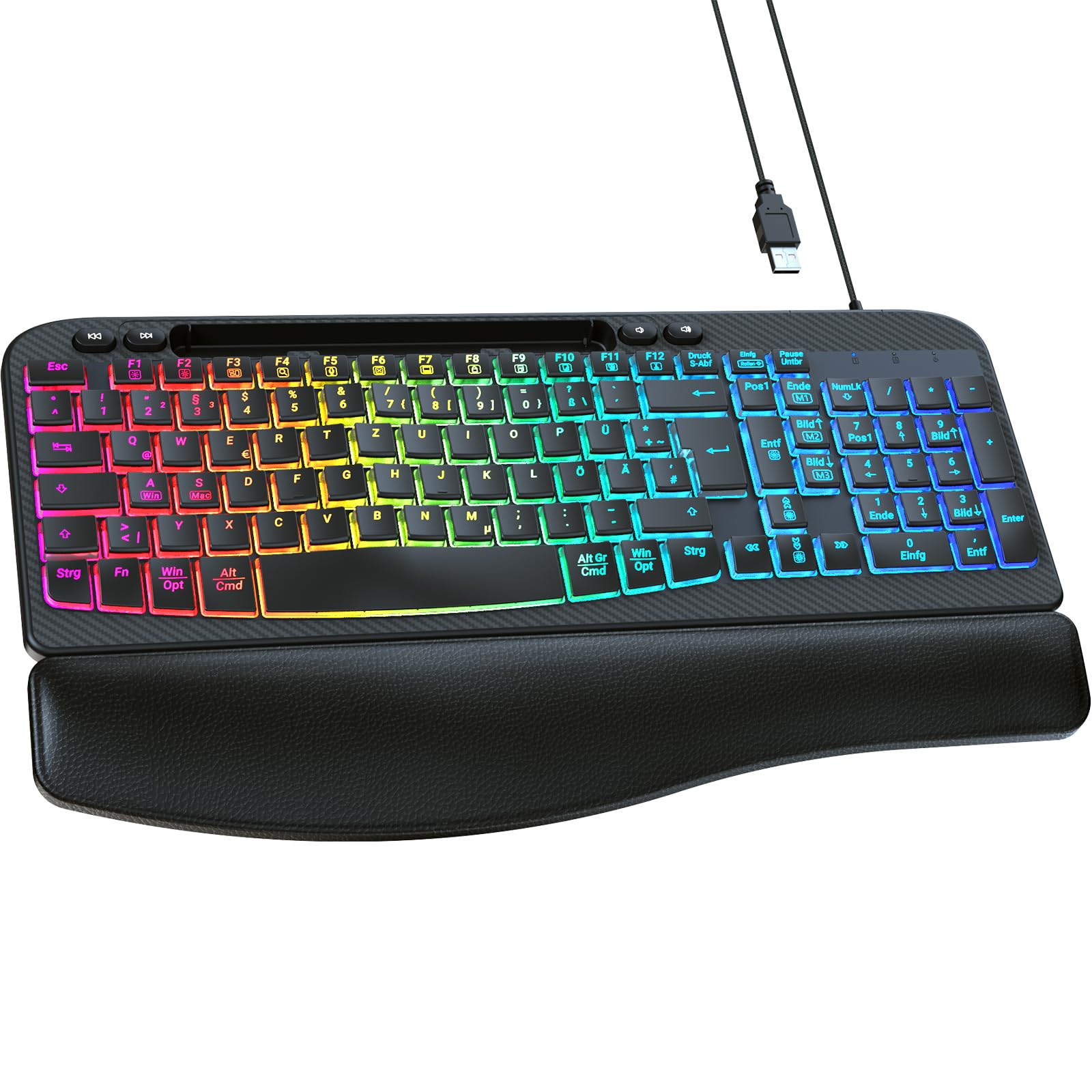 Wired Keyboard Illuminated, 7 Colours Adjustable Brightness, USB PC Keyboard with Comfortable Wrist Rest & Mobile Phone Holder, Compatible with Windows/Mac Systems-image-41