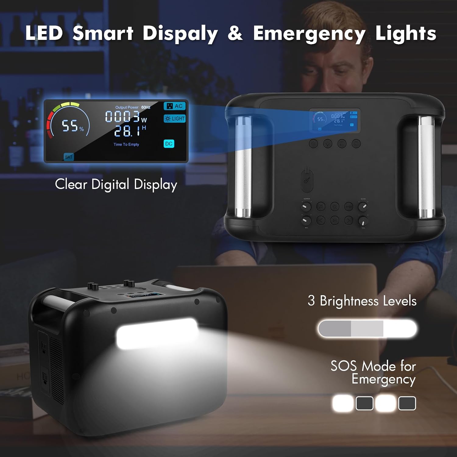 Solim Power Station showing its LED flashlight with three brightness levels and SOS mode, along with its clear digital display.