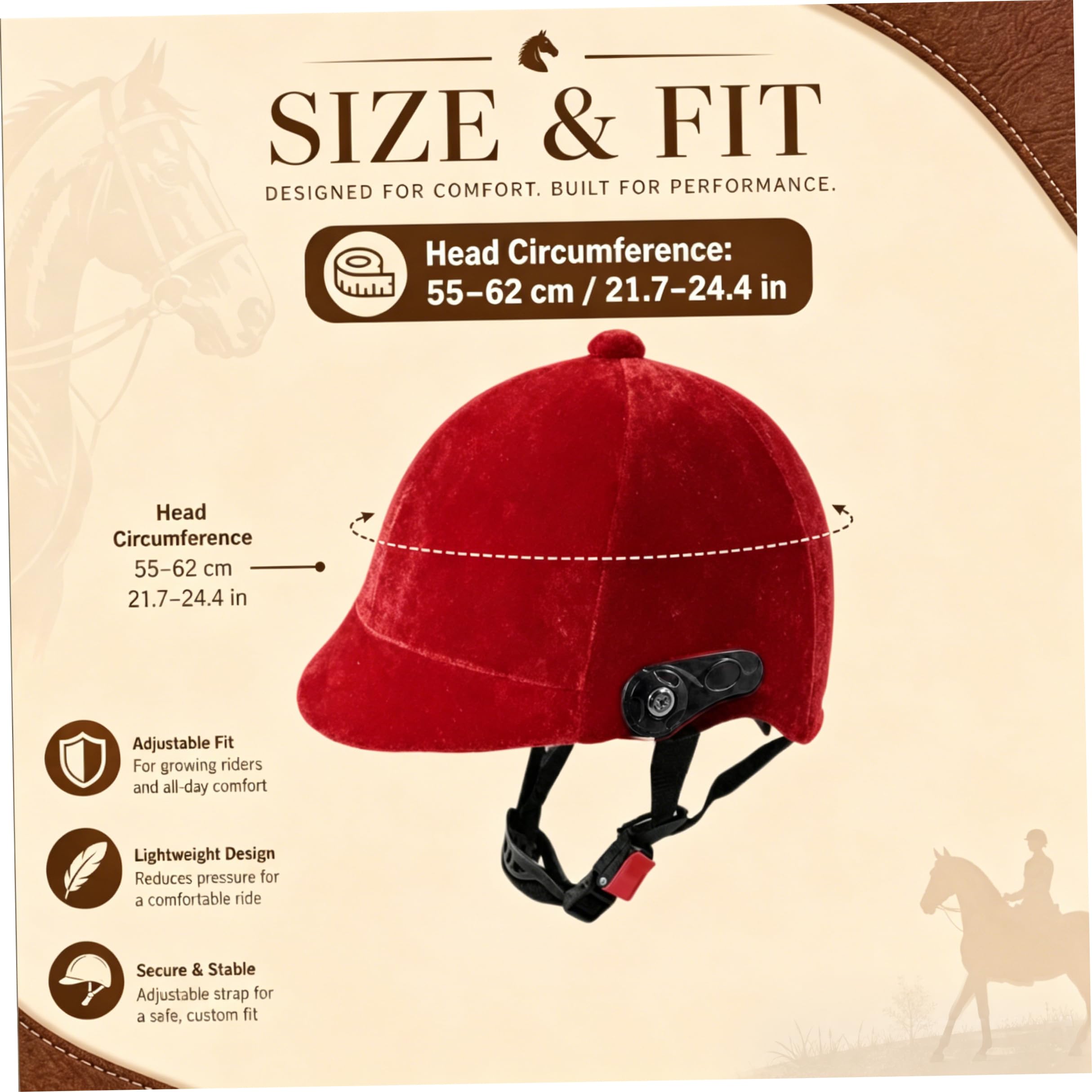 Casco da equitazione, Casco equestre in velluto, Cappello da equitazione - Vestibilità regolabile per adulti e adolescenti |.Nero, 55-62 cm/21, 65-24, 41 pollici