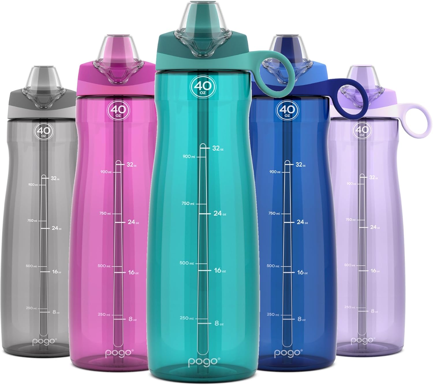 Pogo Plastic Water Bottle with Straw Lid and Carry Handle, Reusable, BPA Free, Dishwasher Safe, Perfect for Travel, School, Outdoors, and Gym | 32oz, 40oz
