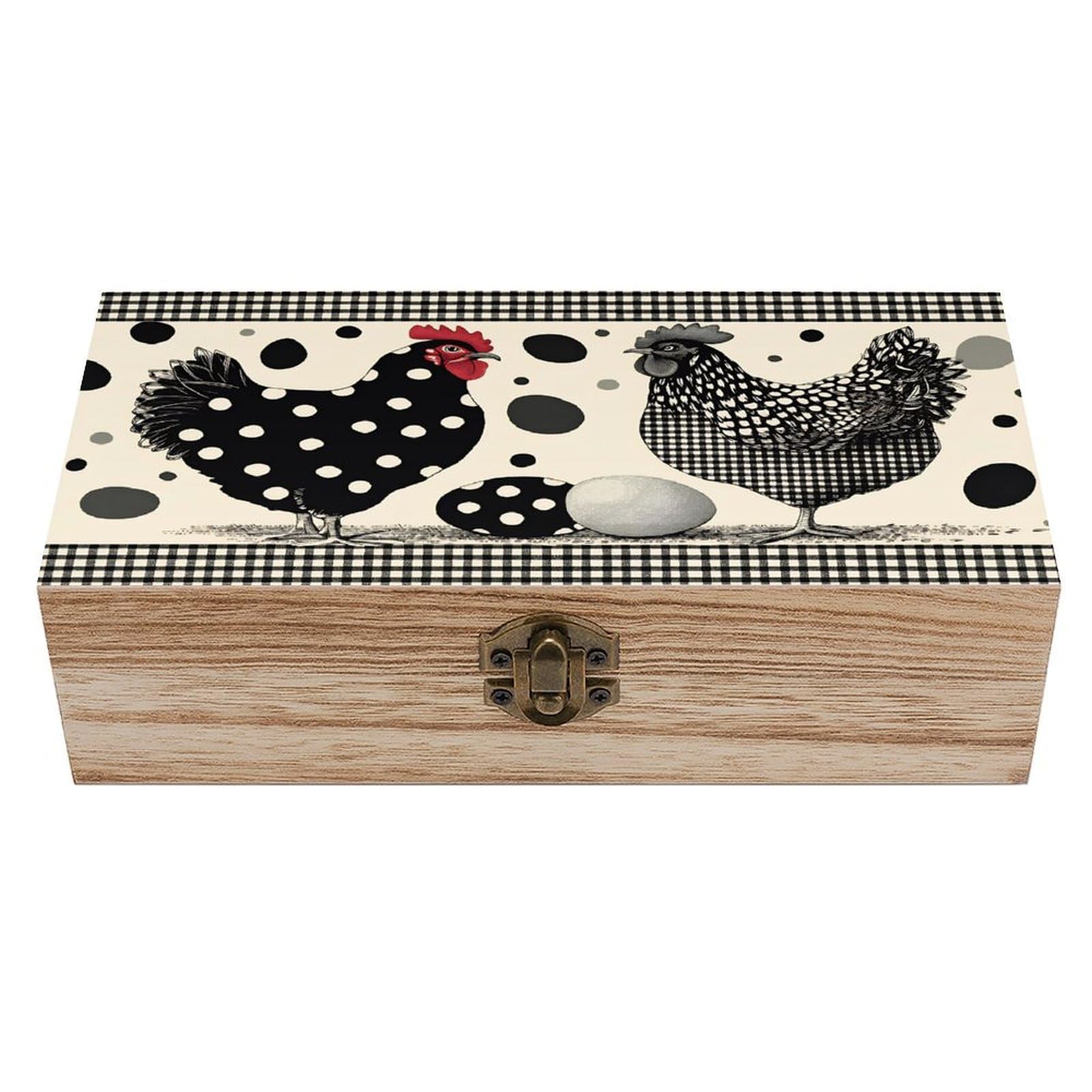 SMAZDFXX Polka Dot Chickens And Eggs Wooden Keepsake Box Vintage Solid Wood with Hinged Lid 7.9"×3.7"×2.3" Metal Latch Rustic Home Decor for Jewelry Photos And Trinkets