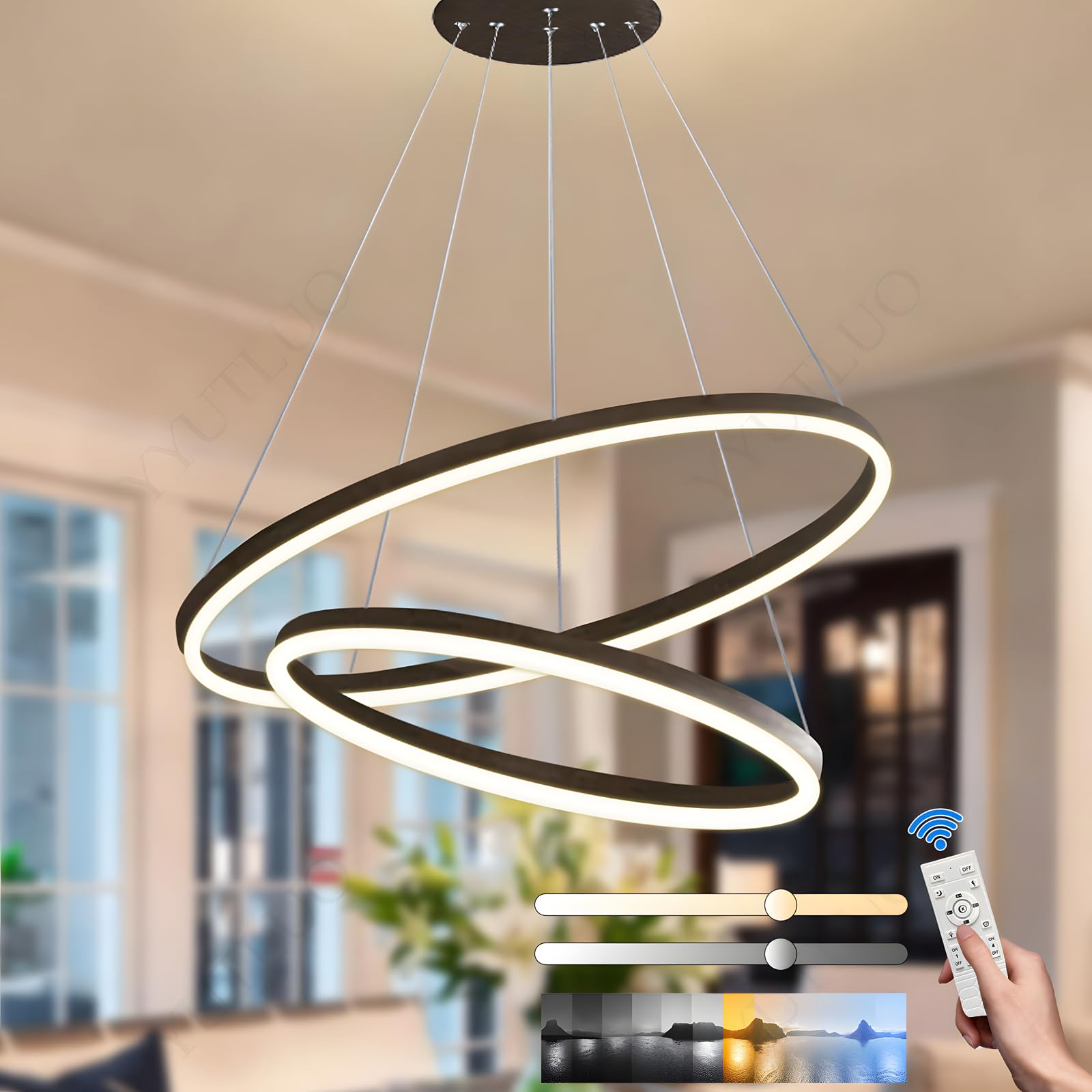 YYUTLUO Modern DIY Circle LED Chandelier, 2 Brown Rings, ∅60+80cm=65W，H200cm Hight Adjustable, Metal+Acrylic, Dimmable Remote Control Round Ceiling Hanging Lamp Living Room Bedroom Dining Study Office