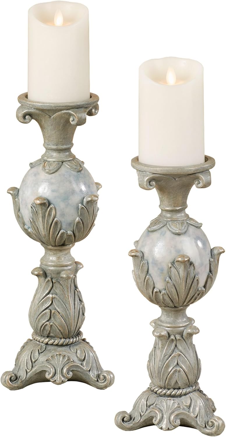 Touch of Class Lionna Candleholder Set of Two - Resin - Blue, Gray, Gold - Candlesticks for Bedroom, Living Room, Dining Room, Mantel, Office, Hallway, Entryway, Foyer - Pillar Holders