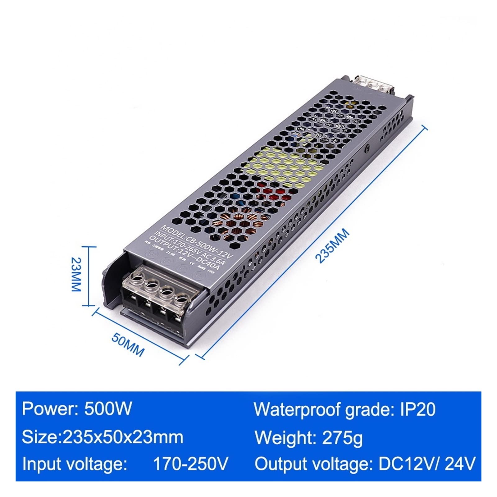 Transformador 6 0W 100W 200W 300W 400W 500W LED Fuente de alimentación del Conductor Super Delgada Anuncio Convertidor for DIRIGIÓ Bombilla de Tira(500W,12V)