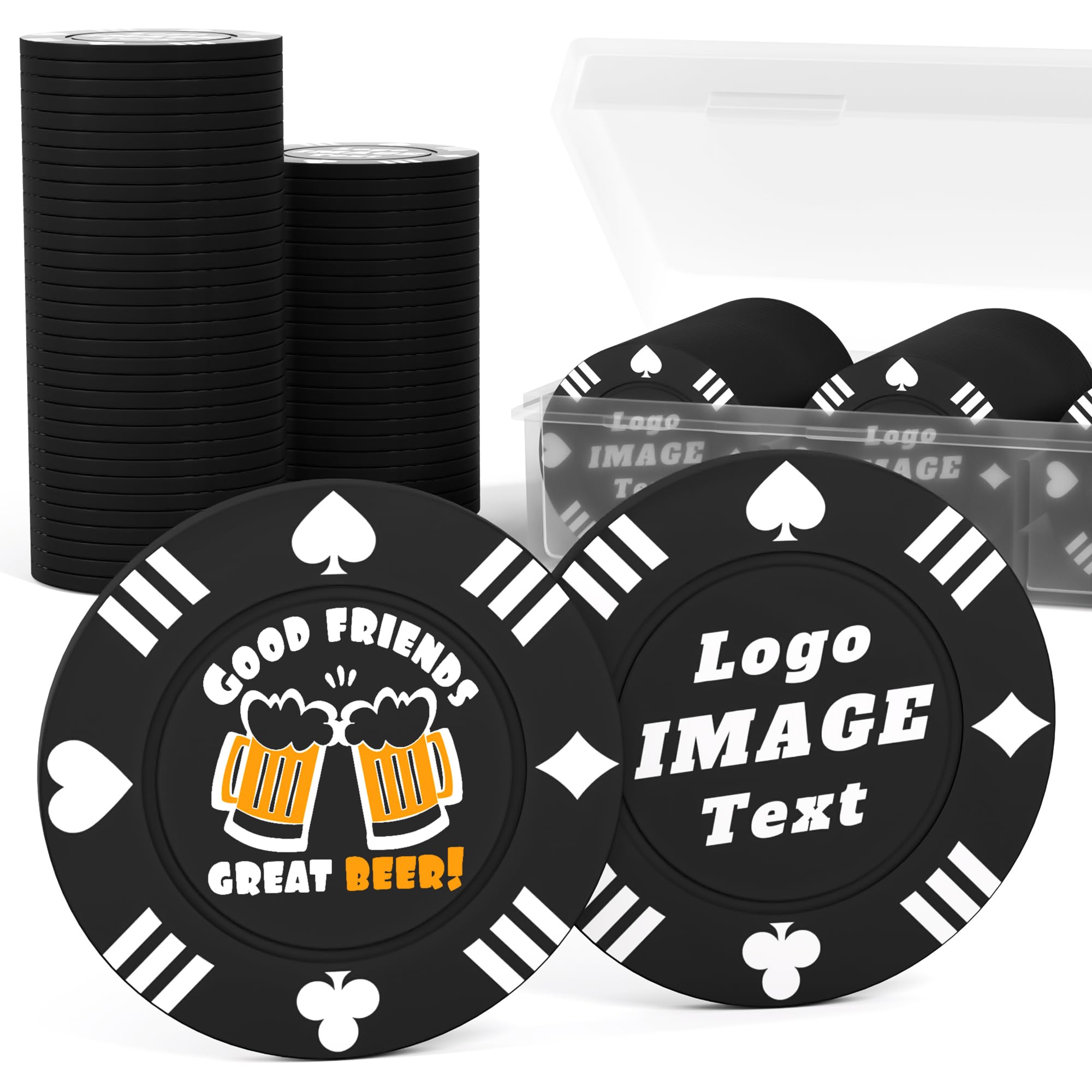 100 Custom Poker Chips, 37MM Custom Drink Tokens Personalized Logo, Image and Text, Double Side UV Full Color Printing Custom Drink Chips for Bar, Party, Business Cards, Company Logo and Promotions