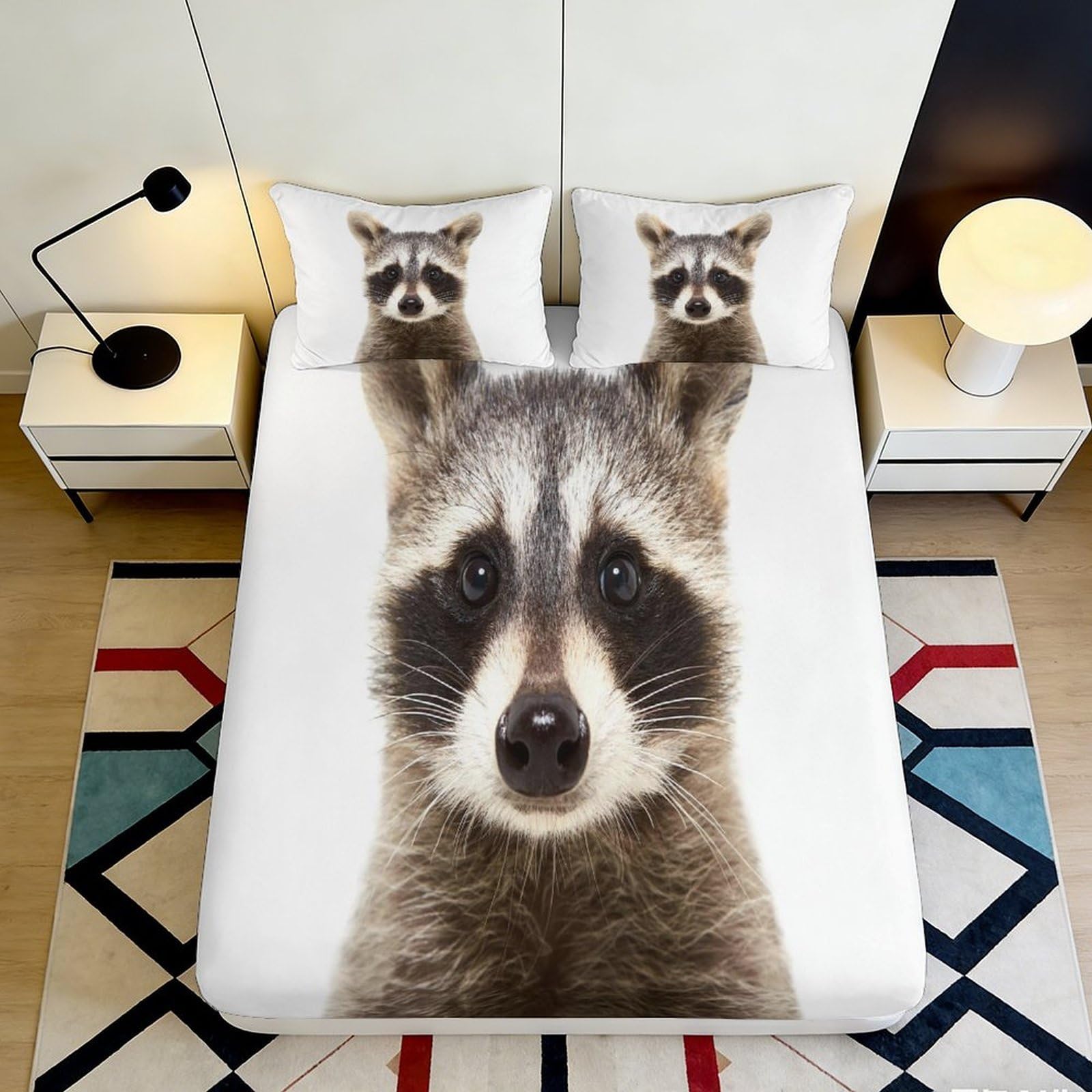 3D Printed Raccoon Animal Face Fitted Sheet Microfiber Non Slip Cute Wildlife Mattress Cover for Bedroom Dorm Room Decor 180x200x25cm