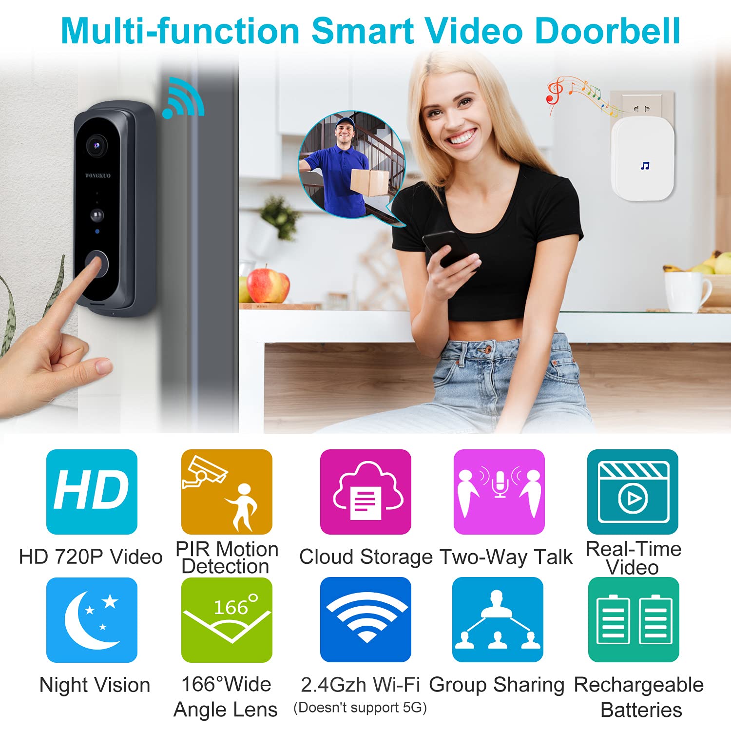 [2021 Upgraded] Wireless Video Doorbell Camera WONGKUO HD 166