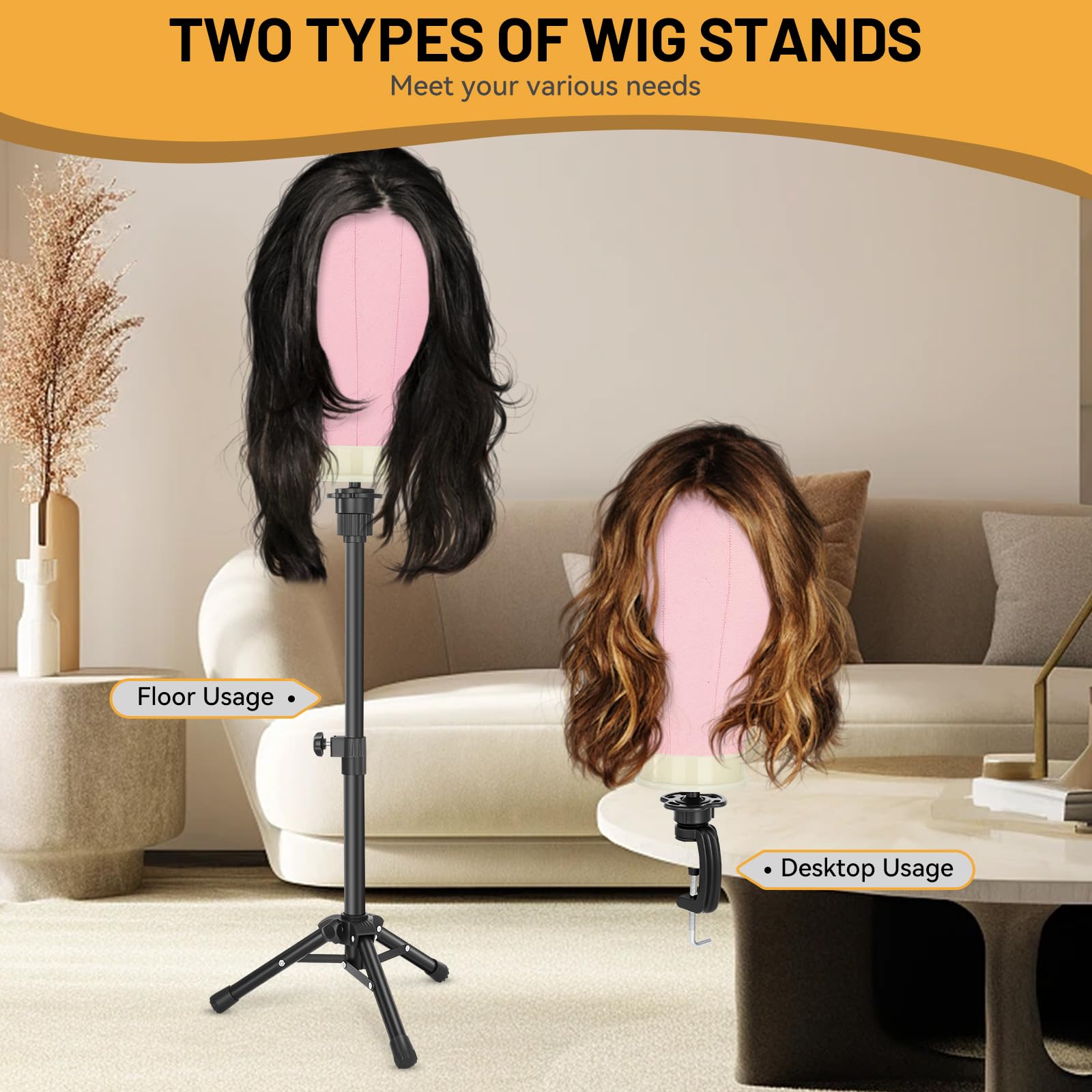 Wig Stand with Head 22", Height Adjustable Tripod Stand 30", Wig Head Stand with Pink Canvas Block Mannequin Head, Include Table Clamp Stand, Wig Caps, T Pins for Wigs Styling, Making & Display