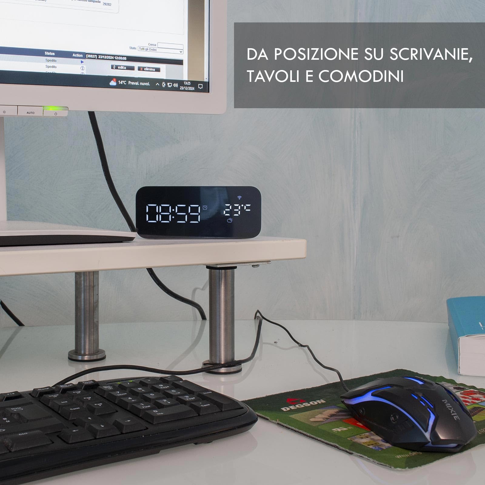 Planetitaly Smart WiFi Alarm Clock Multifunctional Night Table Clock Desk Table Weather Temperature USB Voice Control Compatible Alexa Google APP Cable with Plug 230V