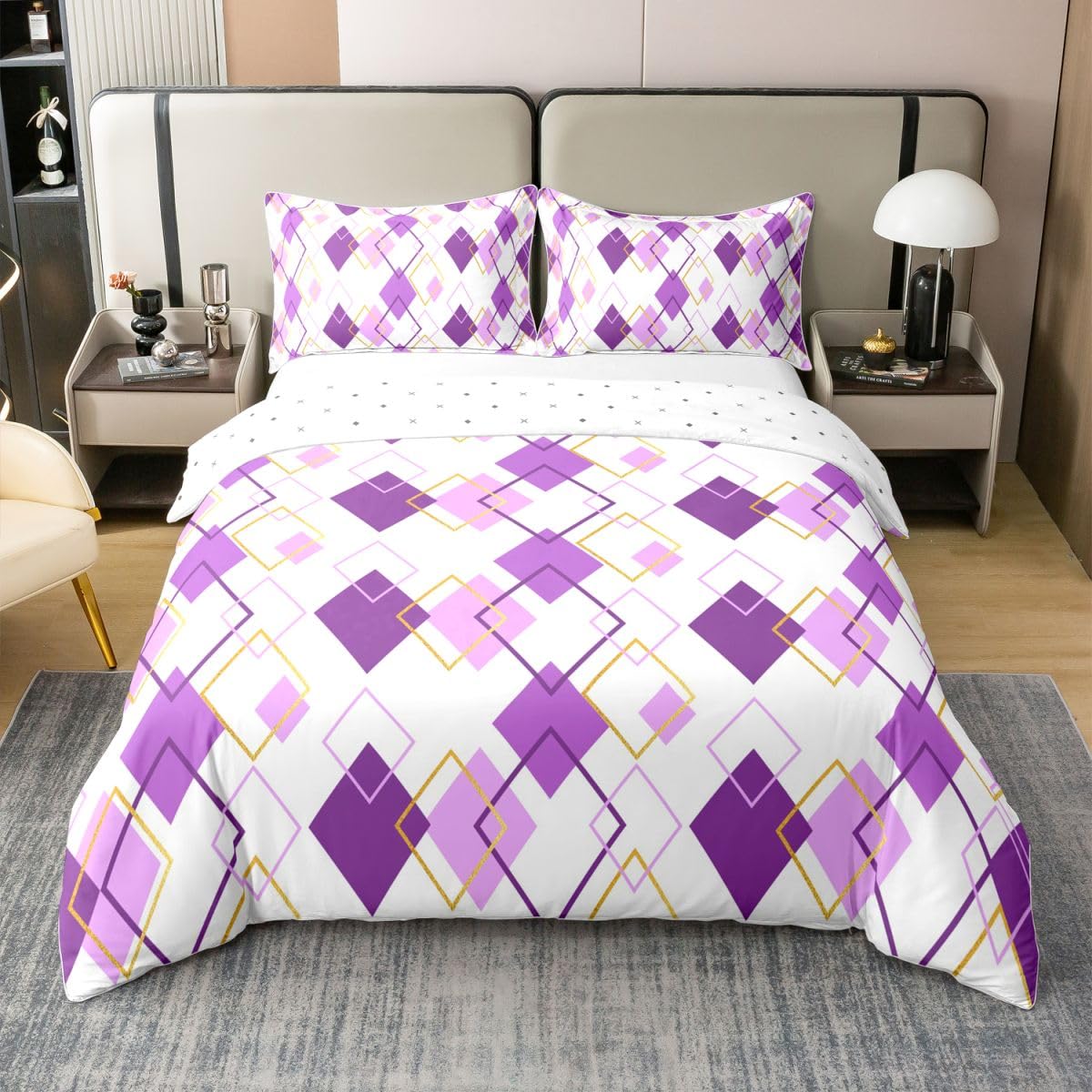Homewish Fioletowy abstrakcyjny super king zestaw pościeli nowoczesny minimalistyczny geometryczny bawełna poszewka na kołdrę złota kwadratowa poszewka na kołdrę prosta współczesna estetyczna pościel